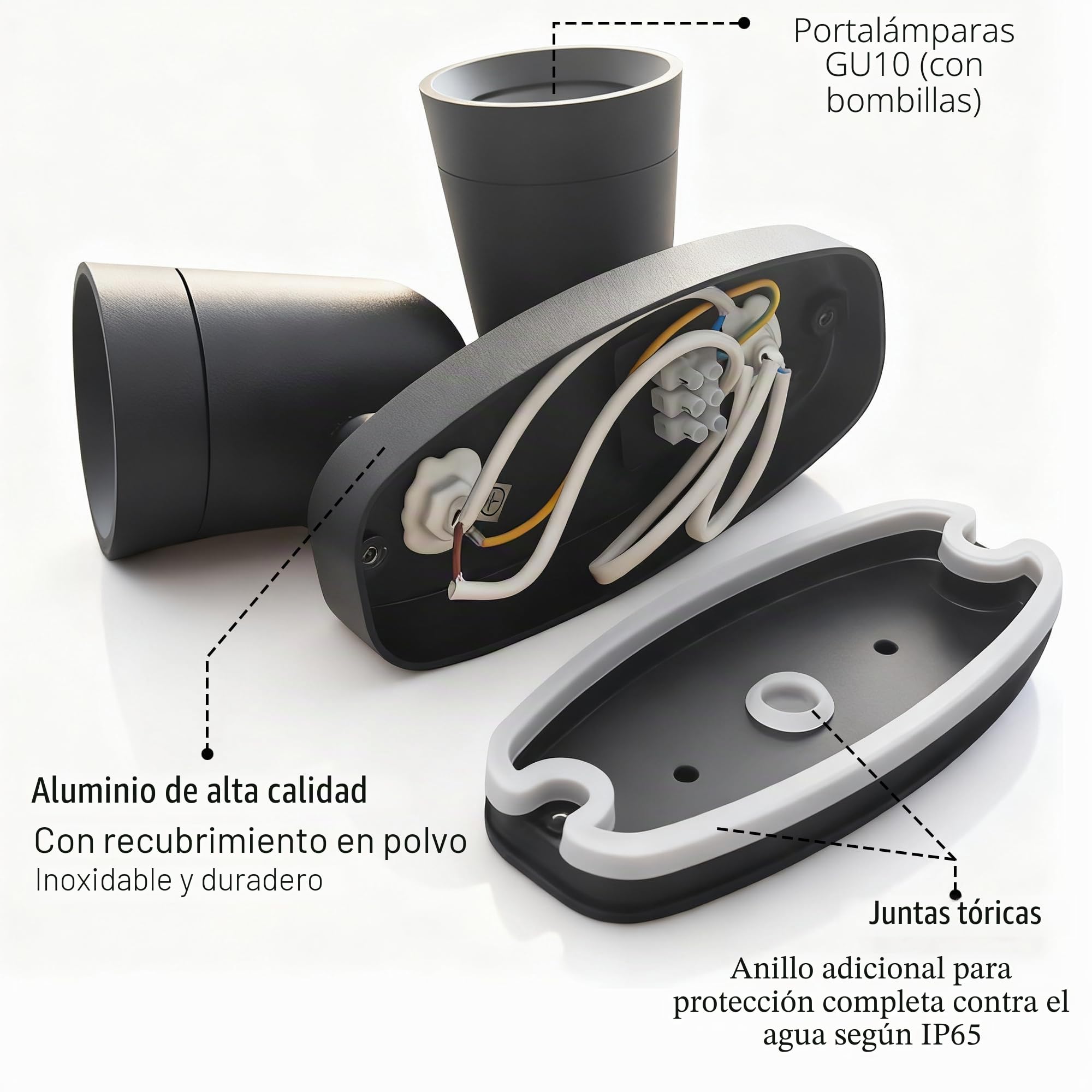 JNR Aplique Pared Exterior, Foco doble, orientable a 330°, Negro | IP65 Impermeable, Ángulo de iluminación Ajustable, Aluminio Luz Exterior Pared Con 2*5W GU10 3000K LED Bombilla 230V
