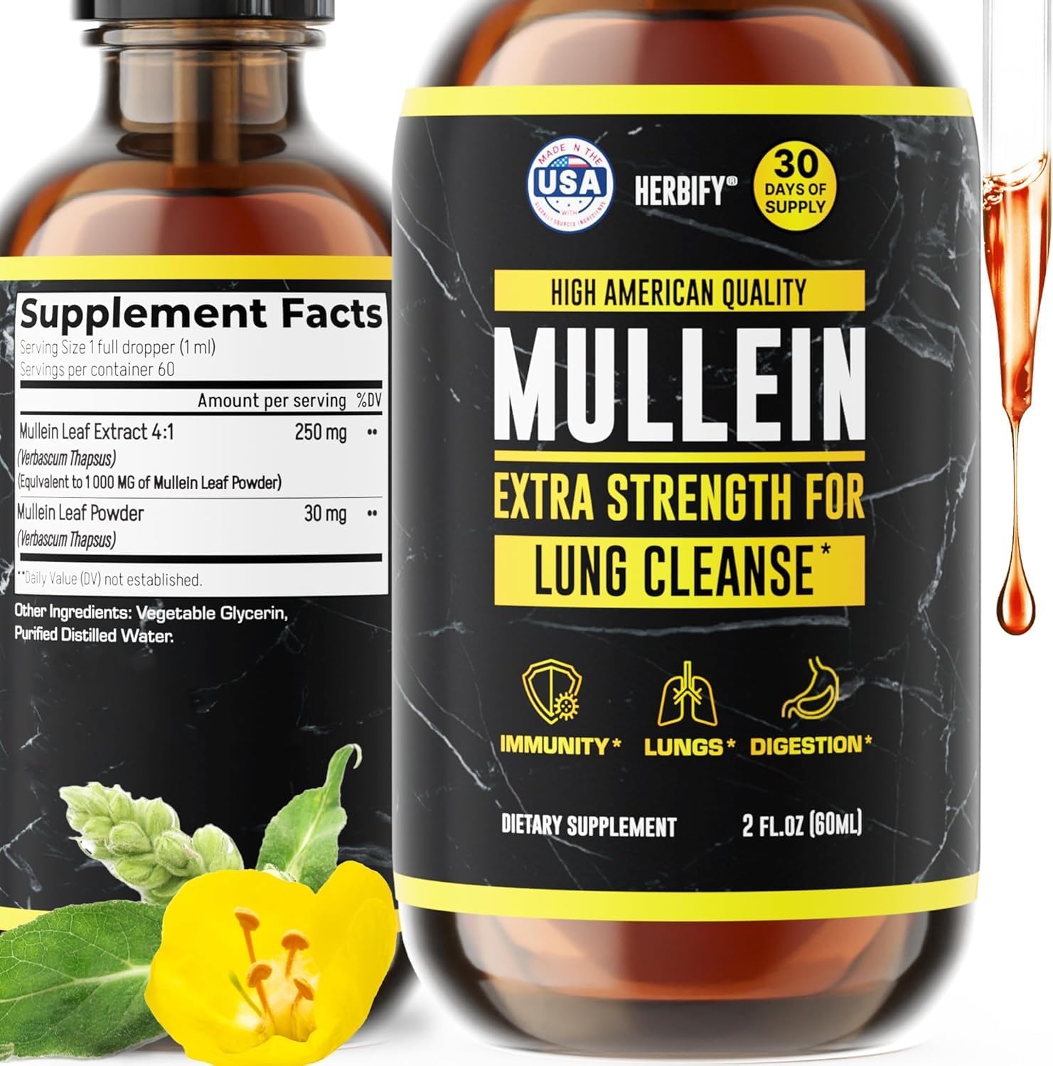 HERBIFY Mullein Extract 2 oz Tincture for Respiratory Health, Mullein Leaf and Flowers Blend (Verbascum Densiflorum)