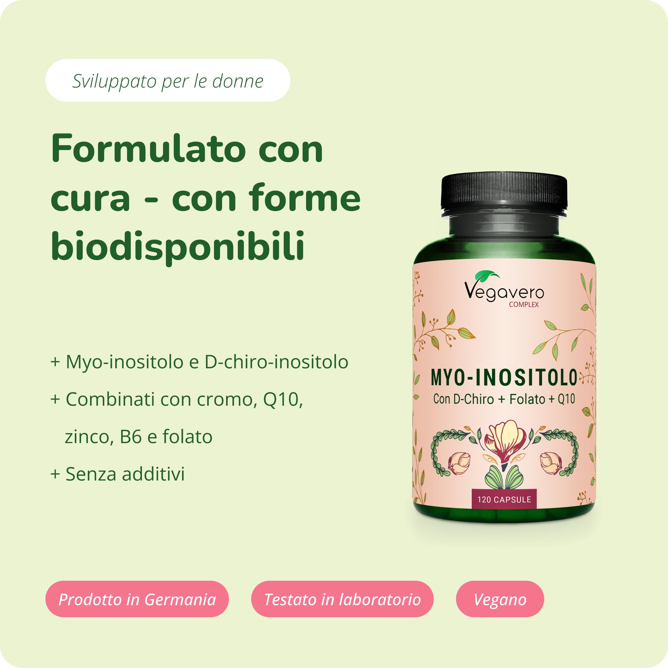 Vegavero Integratore INOSITOLO | Myo & D Chiro Inositol, Folato 5-MTHF, Cromo, Zinco e Vitamina B6 | PCOS e Ovaio Policistico | Certificato in Laboratorio