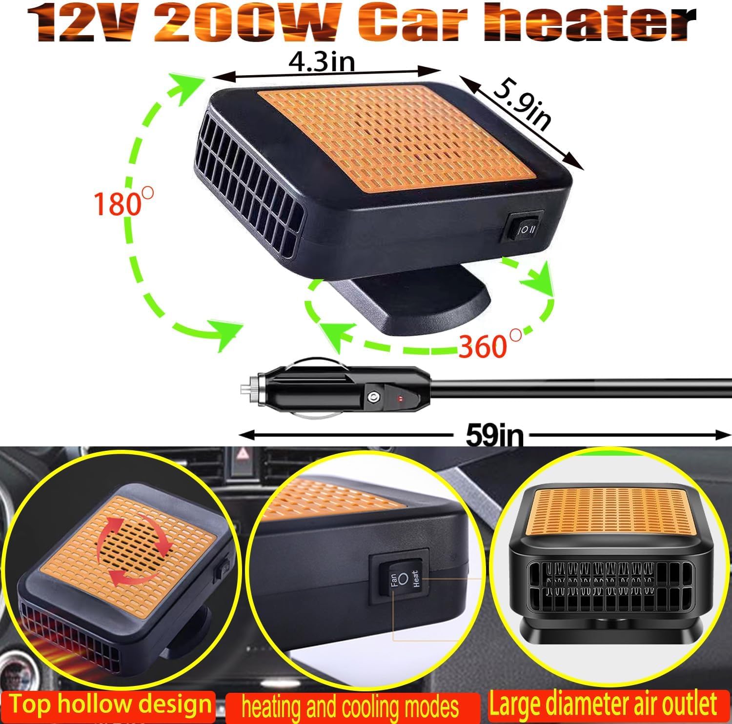 Portable Heater for Car,12V Heater for Car 200W Fast Heating Defroster Windshield Car Heater That Plugs into Cigarette Lighter for Car - Image 6
