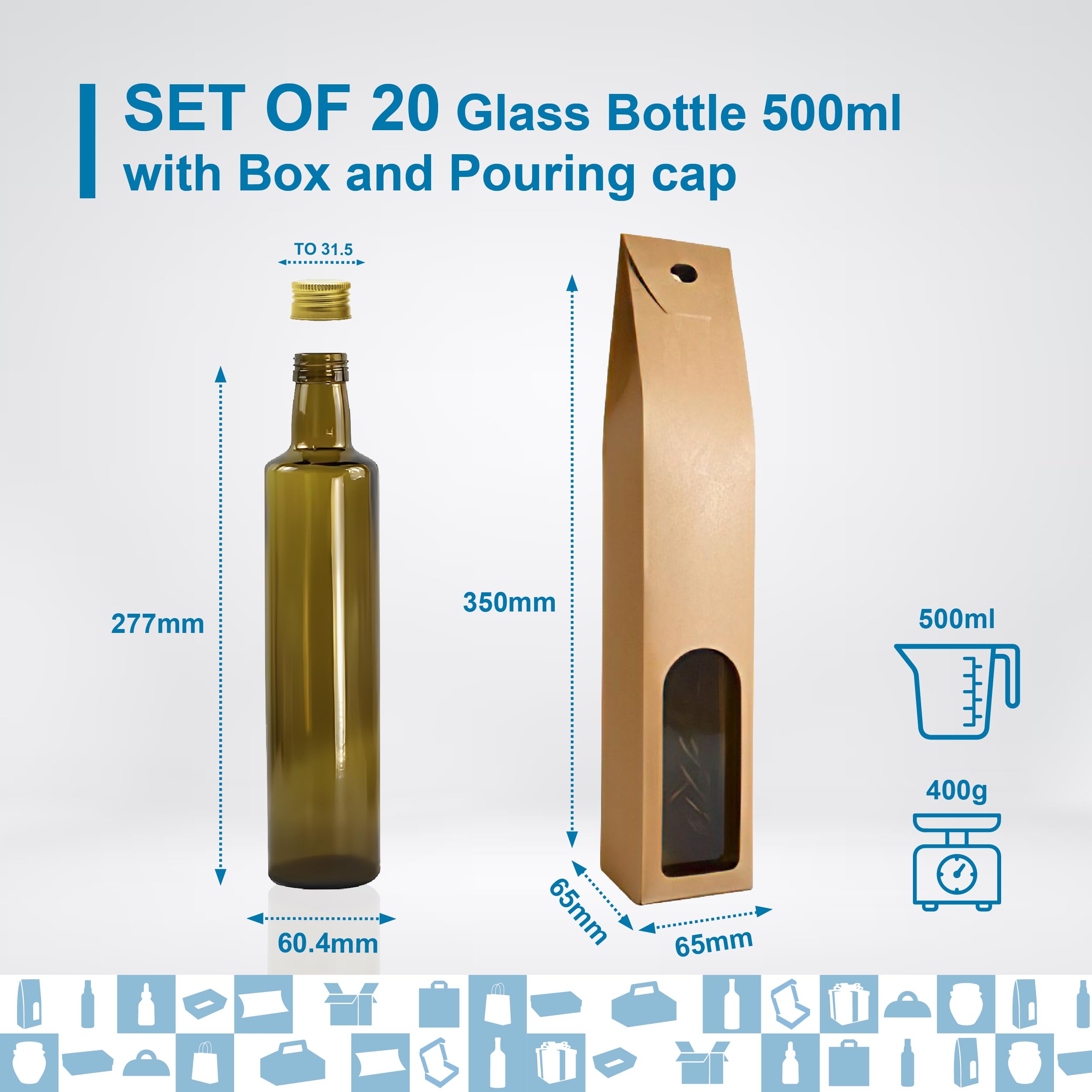 20 bottiglie di vetro scuro da 500 ml con tappo dorato e beccuccio + 20 scatole, oliera per olio d'oliva, aceto e salse Espirito Rebelde