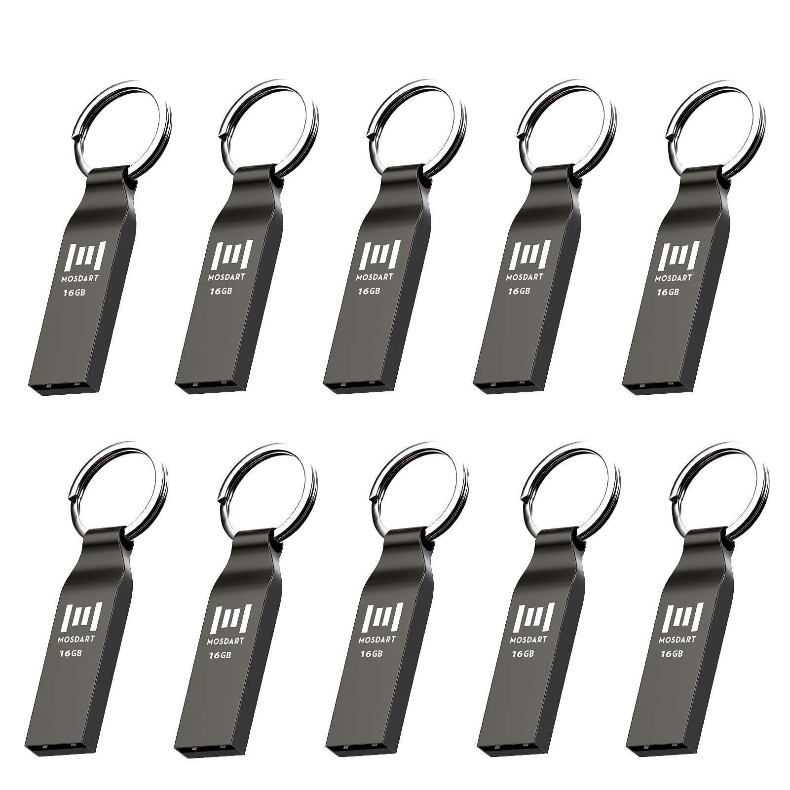 MOSDART Waterproof 16GB USB2.0 Flash Drive, FAT32 Metal Memory Stick with Keychain, for System Back, Data Storage, Titan Grary(Pack of 10)