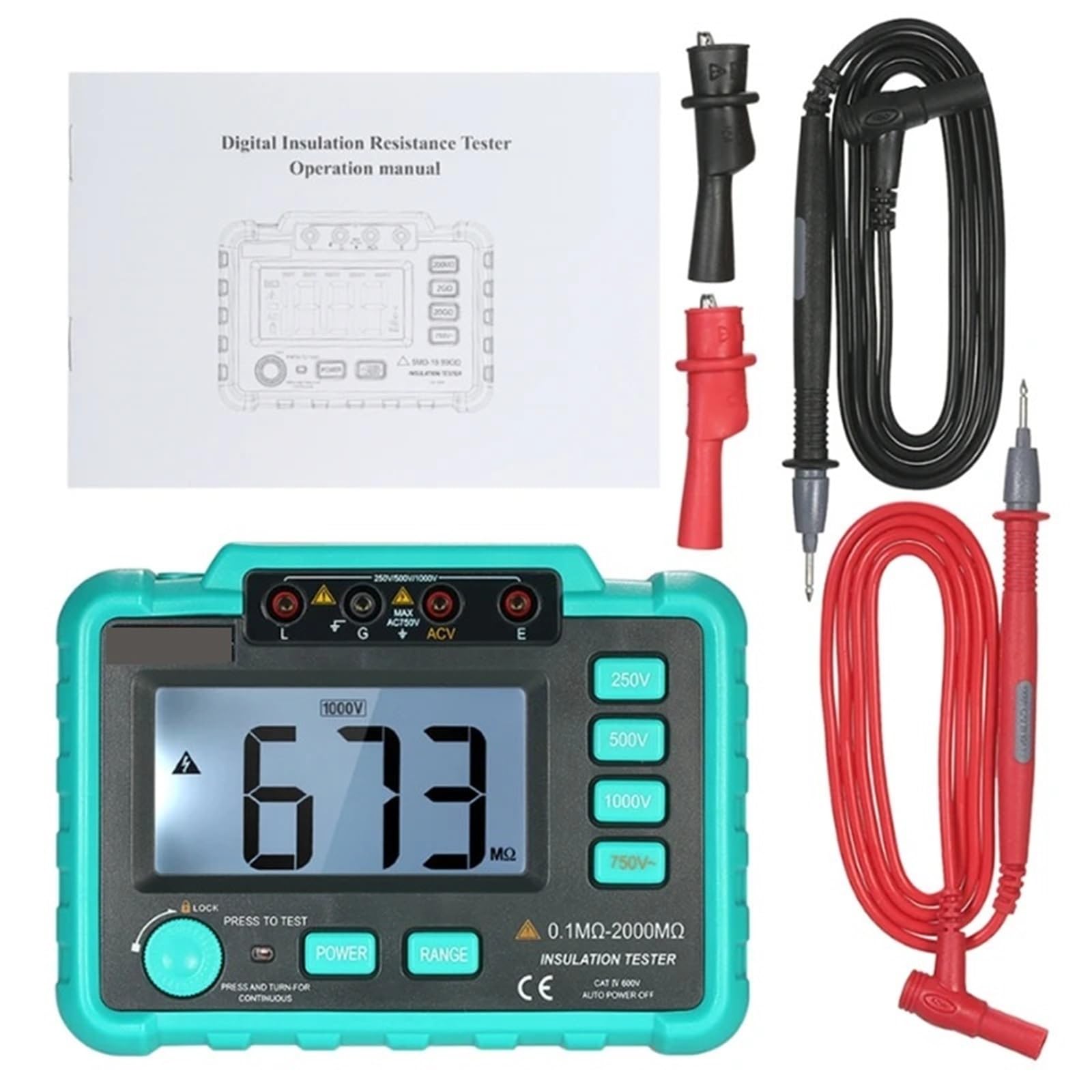 Miernik rezystancji, VC60B + Tester izolacji Tester rezystancji impedancji uziemienia DC250V/1000V Mediana megaomów Cyfrowy miernik rezystancji izolacji