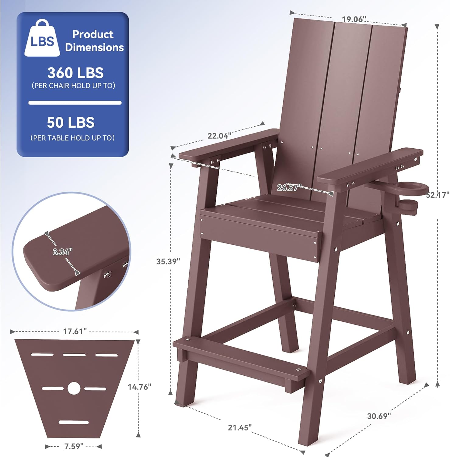 FOOWIN Tall Adirondack Chairs Set of 2,HDPE Adirondack Bar Stools with Connecting Tray & Cup Holders,Weather Resistant Balcony Chair for Outdoor Deck Lawn Pool Backyard Coffee