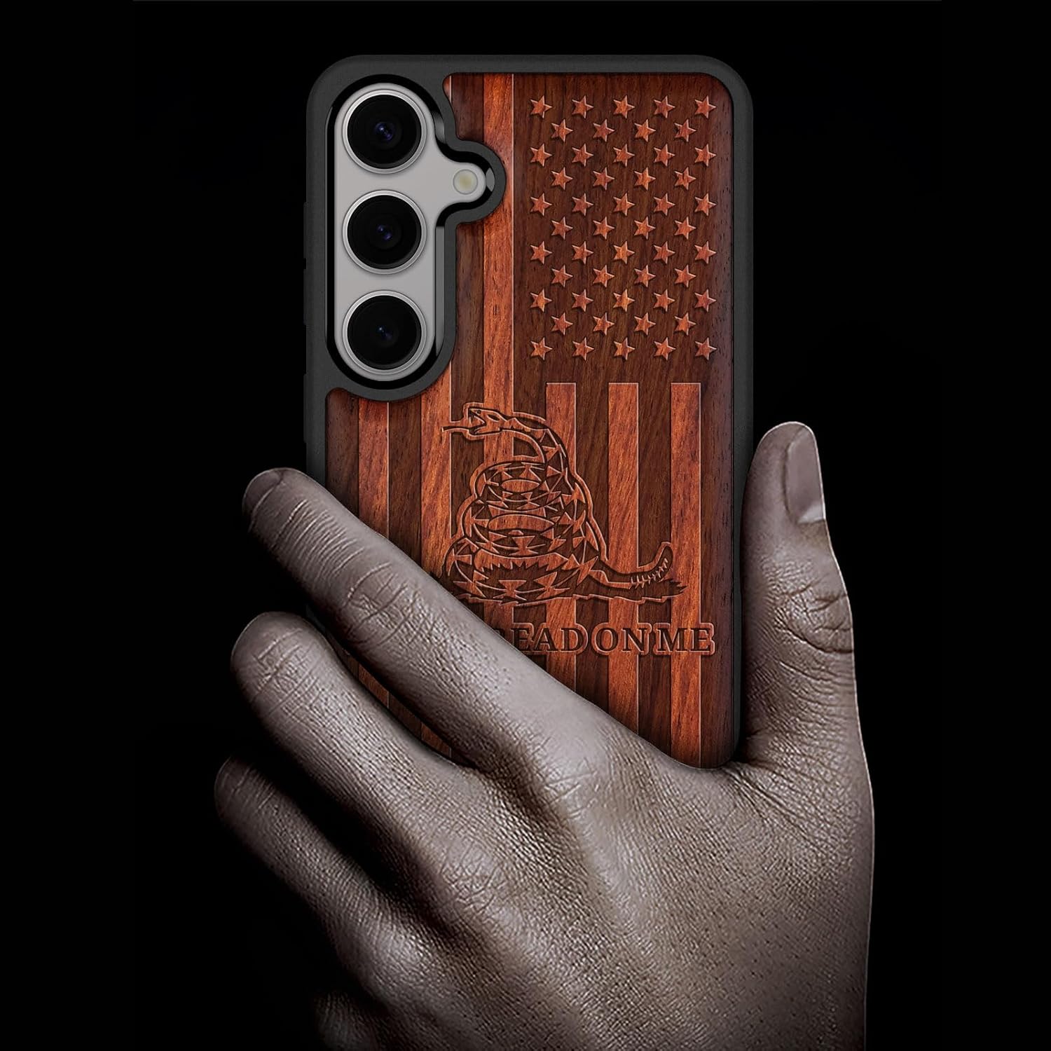 Carveit Wood Case for Galaxy S25 Case 2025 [Natural Wood & Black Soft TPU] Shockproof Protective Cover Unique Wooden Design Compatible with Samsung S25 (Gadsden and American Flag-Rosy)
