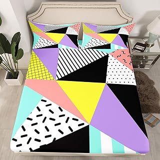 Manfei Memphis Fitted Sheet Full Size, Geometric Triangle Pattern Bed Cover with 2 Pillowcases, Retro 80s or 90s Fashion Style Bedding Set 3pcs for Kids Girls, Soft Polyester Bedding