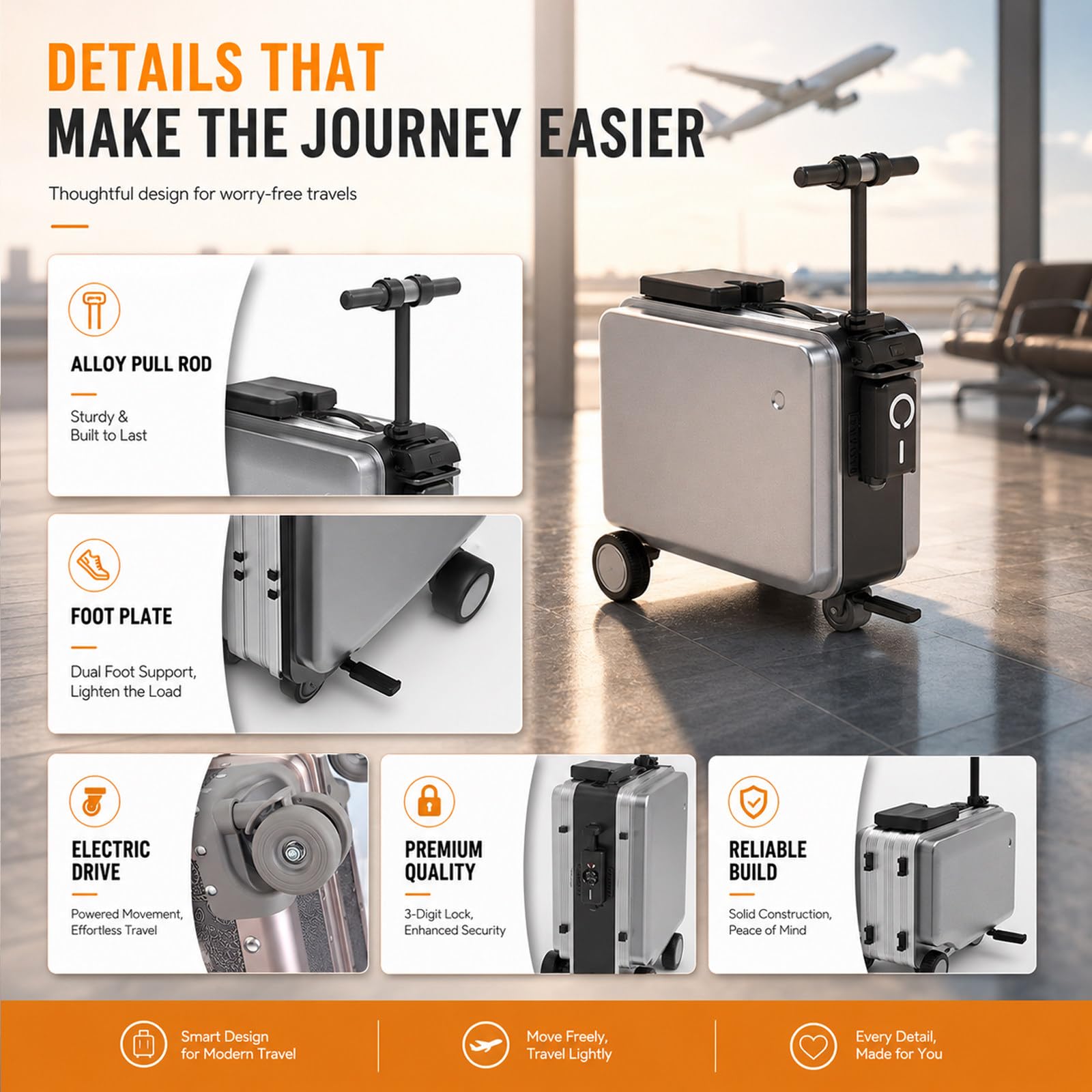 Valise Intelligente Électrique, Bagage-Trottinette électrique pour Adultes, Roues silencieuses avec amortisseurs, Bagage-Trottinette électrique pour déplacements en aéroport Silver