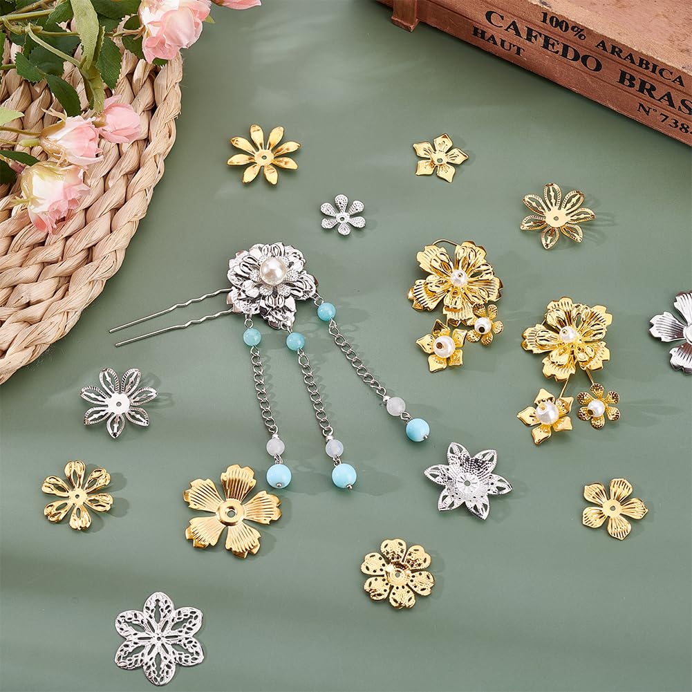 PH PandaHall 200pz 10 Stili Cappucci per Perline Floreali, 16~34mm Perline Distanziatrici a Forma di Fiore Grandi per Orecchini Forcine per Capelli Pendenti, Oro/Platino