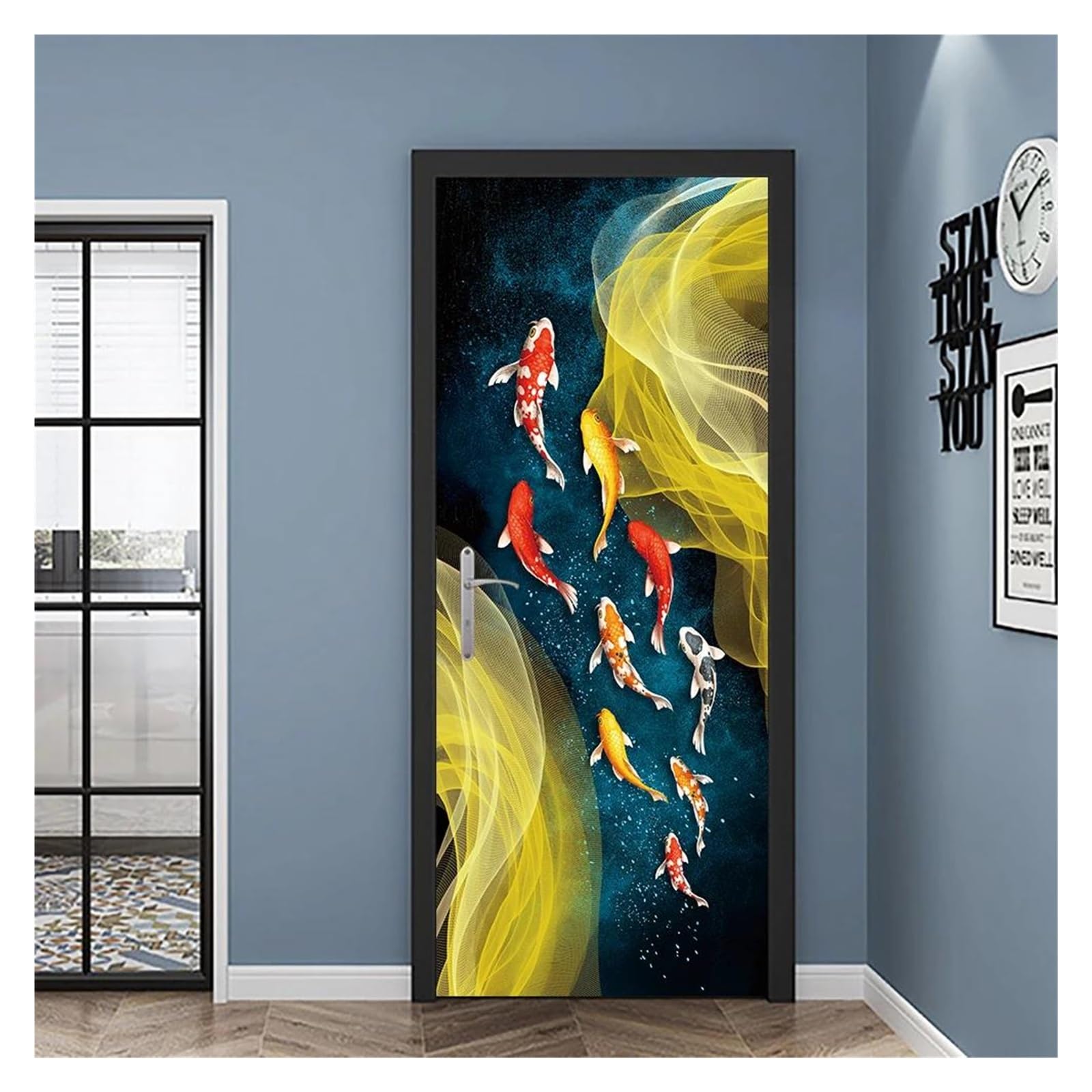 Art mural peel & stick étanche pour masquer et rénover une porte abîmée