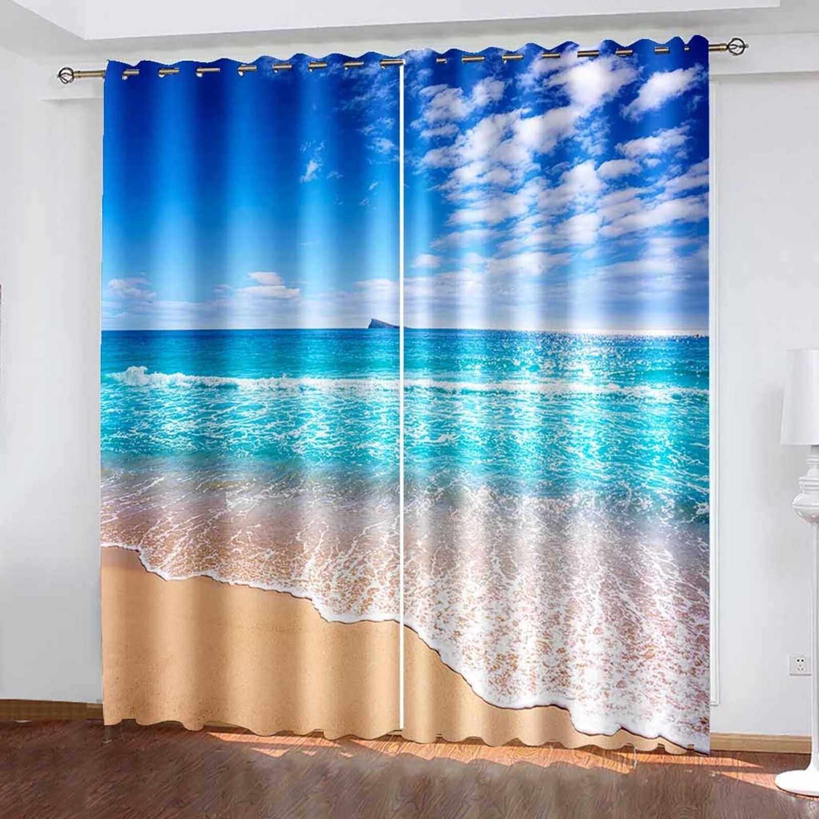 Rideau Boheme, Rideaux de Cuisine Moderne Bleu Beige Paysage de Plage avec Vagues de La Mer Polyester 2 Panneaux 488x229cm