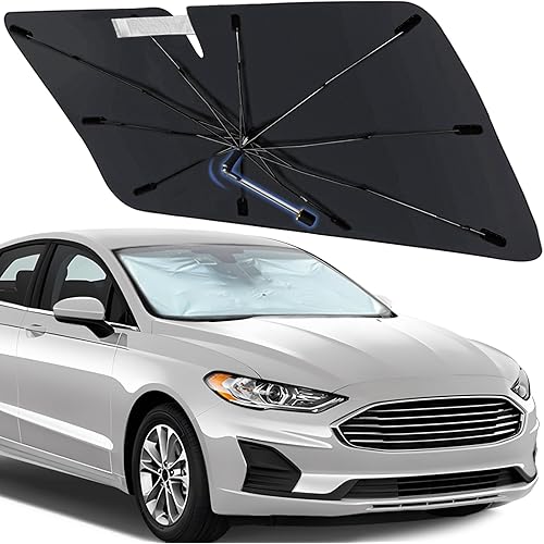 Windshield Sun Shade Umbrella for Ford Fusion 2013-2021 Foldable Car Sunshade for Front Windows with 360° Rotating Shaft, Custom fit Fusion Sun Visor Shield for UV Blocking and Heat Insulation