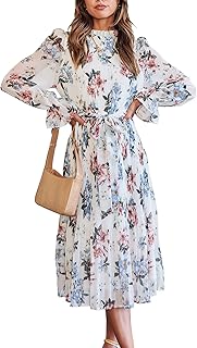 Women's Floral Midi Dress Puff Long Sleeve Casual Ruffle Chiffon A-Line Swing Pleated Belted Tea Party Dresses - Buy now