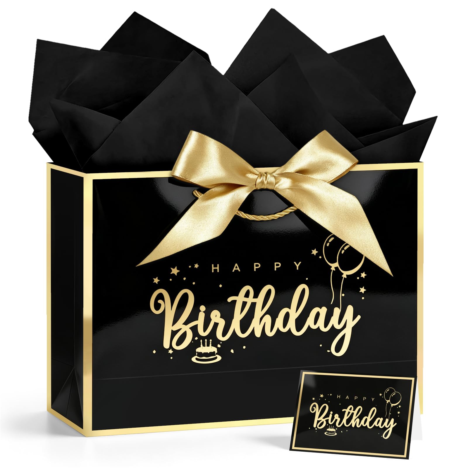JMANNI Happy Birthday Gift Bag for Him, Small Black with Gold Frame