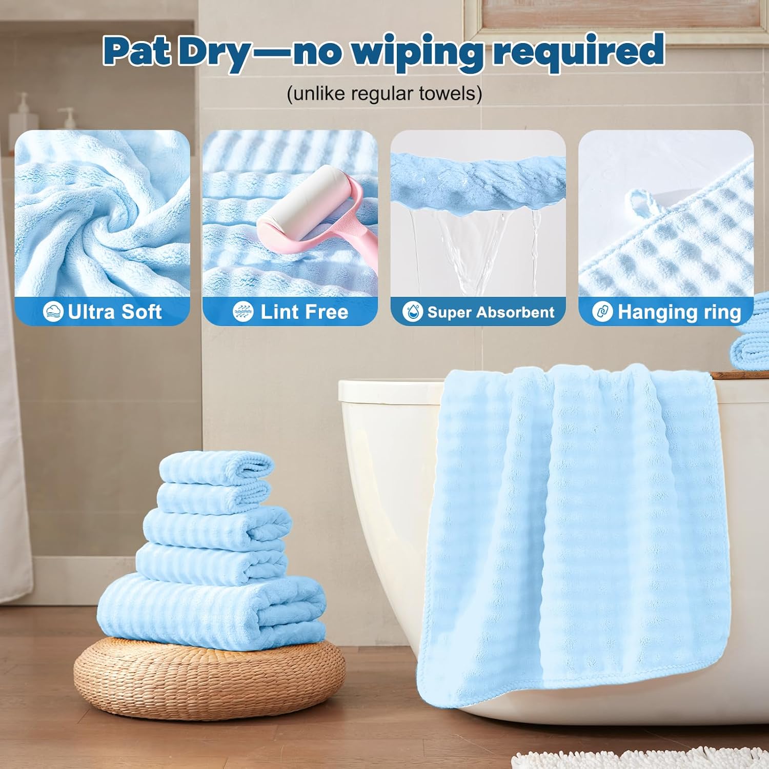 COZYART Lint Free Towel Sets 8 Pcs Light Blue, Super Soft, Thick, Absorbent & Quick Dry Microfiber Bubble Waffle Bathroom Daily Use Set with 2 Bath Towels, 2 Hair Towels, 2 Hand Towels, 2 Washcloths - Image 4