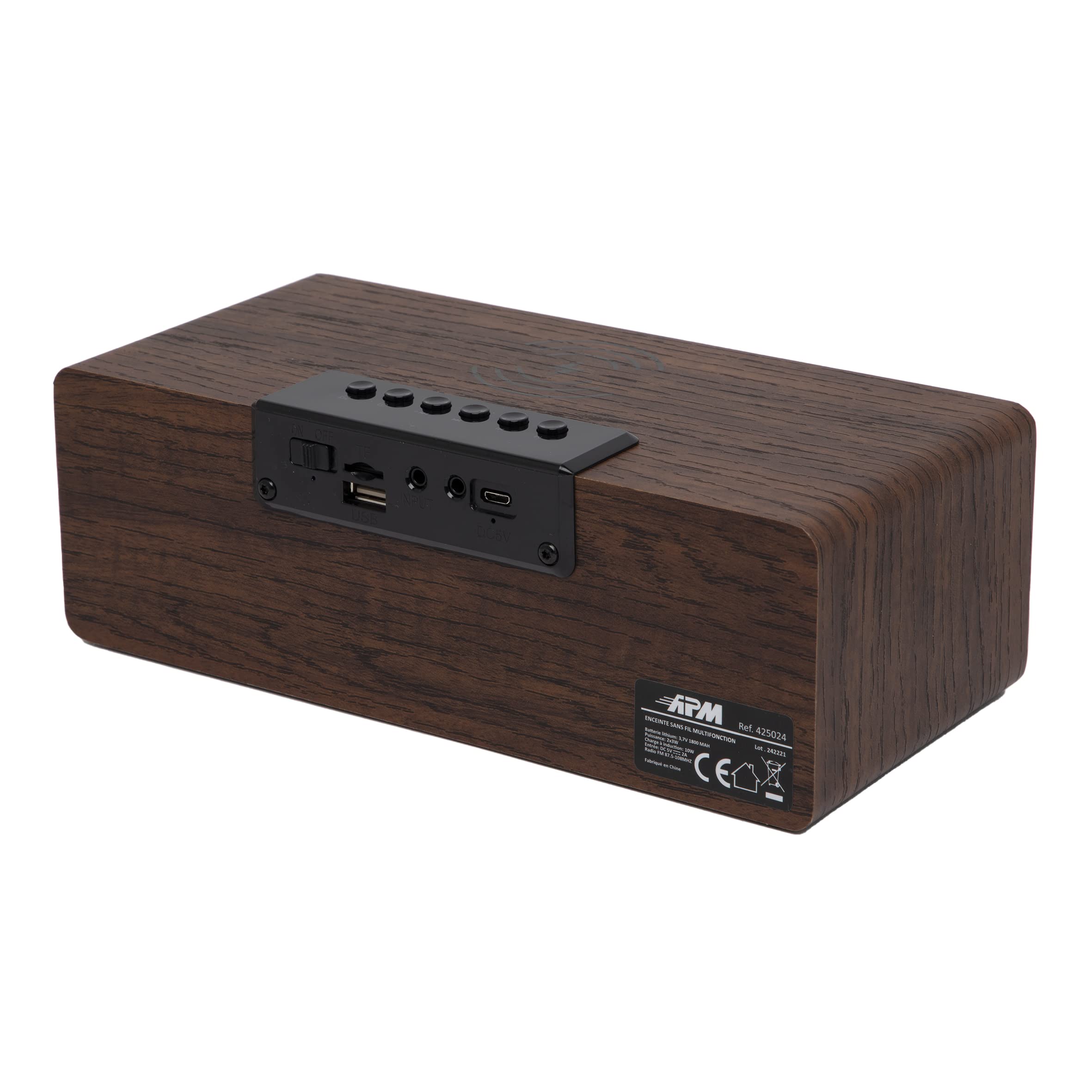 APM Enceinte Bluetooth Réveil Bois avec Radio FM, Chargement sans Fil Induction pour Smartphone,Port de Charge USB, Luminosité Réglable, Réveil Numérique Affichage LED, 425024