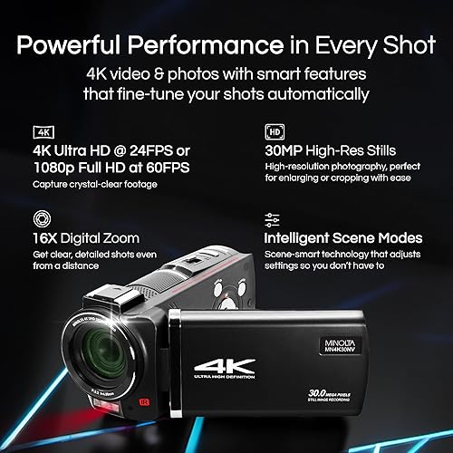 Miniatura 2 de Minolta Videocámara 4K Ultra HD, fotos de 30 MP, visión nocturna con LED IR, zoom 16X, lapso de tiempo, antivibración, pantalla táctil, formato MP4,