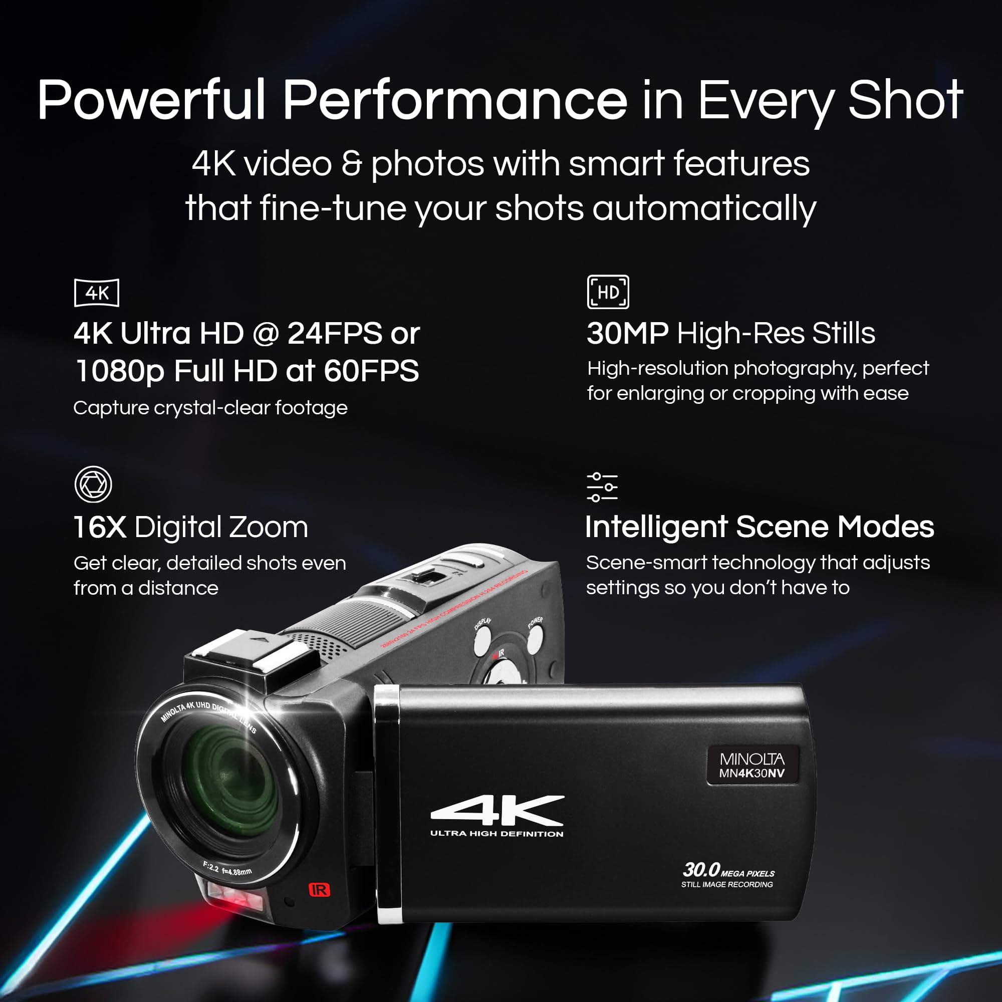 Amazon | Minolta ビデオカメラ - 4K ウルトラHD、30MP写真、赤外線LED