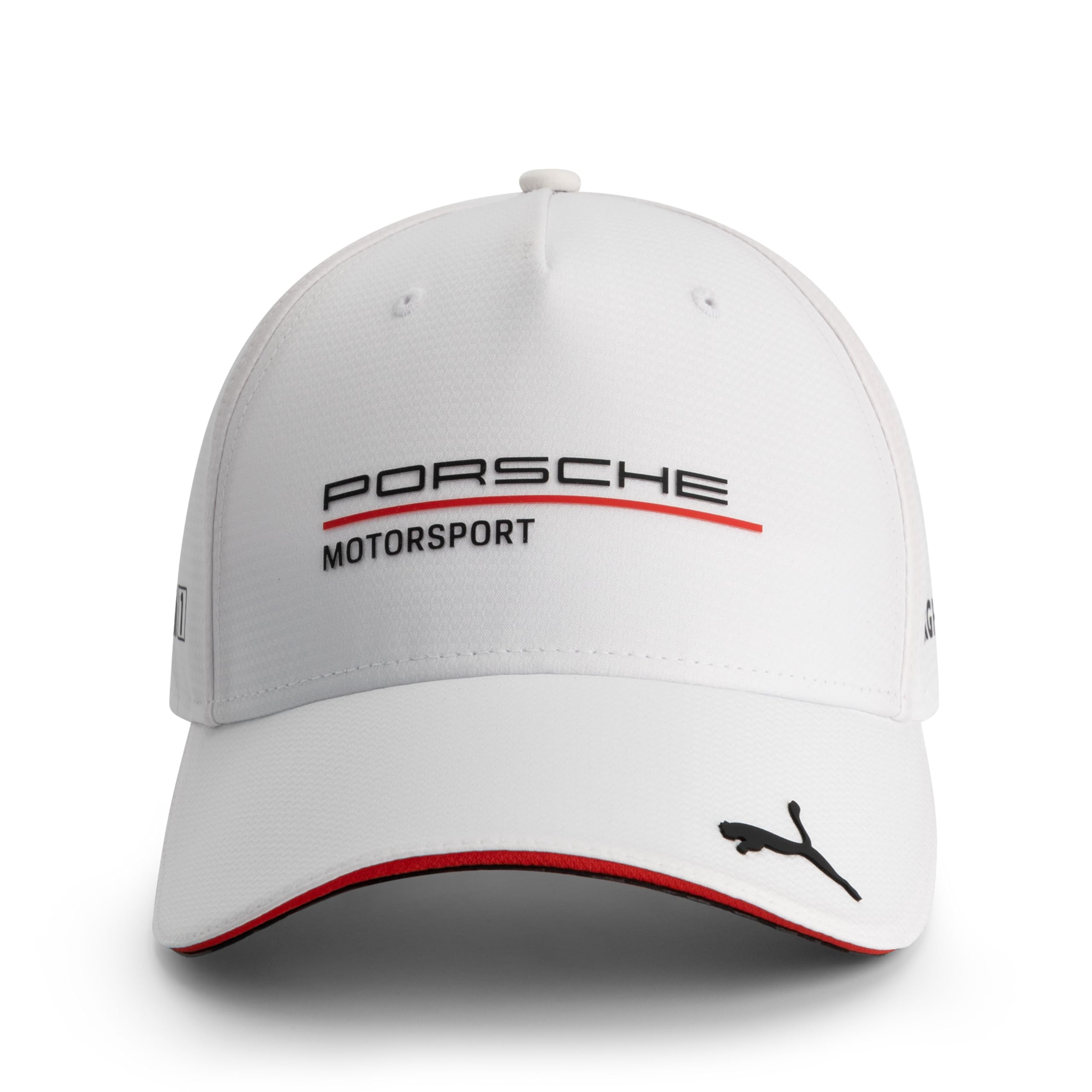 PUMA Porsche Motorsport Curved Brim Team Cap with Porsche Motorsport and Sponsor Logos Throughout, Including a cat on The Peak. - White - One Size Fits Most
