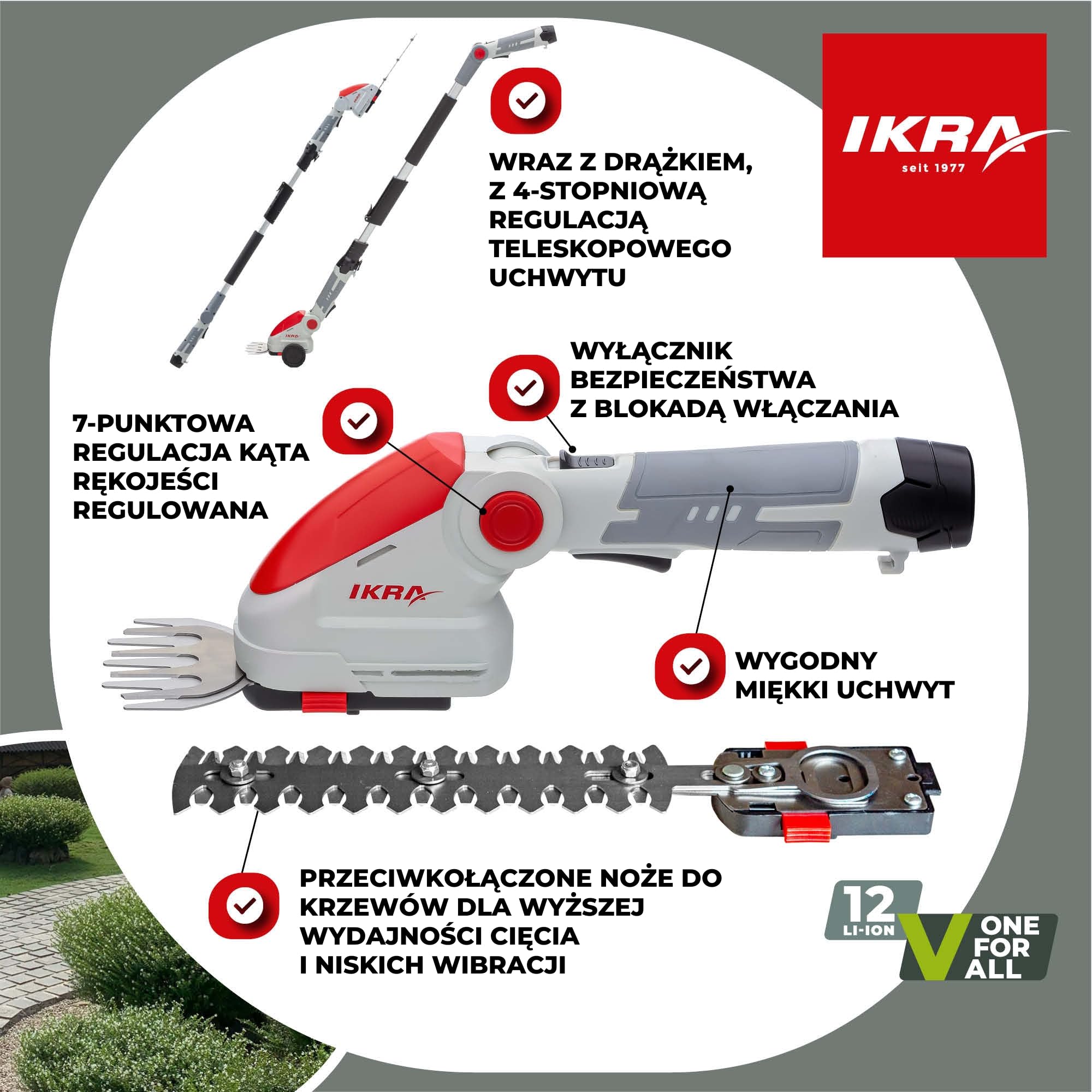 IKRA Nożyce akumulatorowe do trawy i krzewów IGBS 1210F z teleskopem | Akumulator 12V i ładowarka w zestawie, 7-stopniowa regulacja uchwytu,ostrze Made in Germany,kompatybilność IKRA 12V