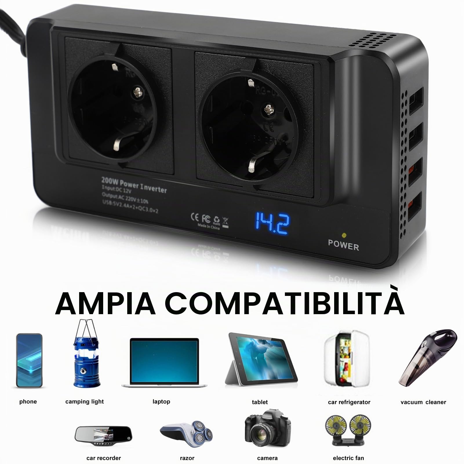 200w Inverter 12v 220v Convertitore di Alimentazione per Auto con 4 Porte