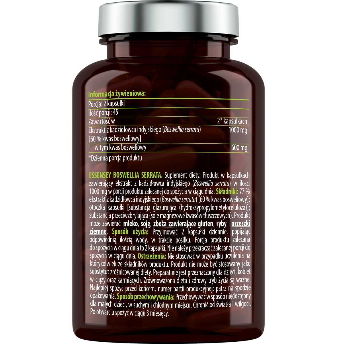ESSENSEY - Kapsułki z Boswellią I 1000 mg w dziennej porcji I 90 Kapsułek I 600 mg Kwasu Bosweliowego I Dla wegetarianI 45 Dniowych porcji I Kapsułka z celulozy