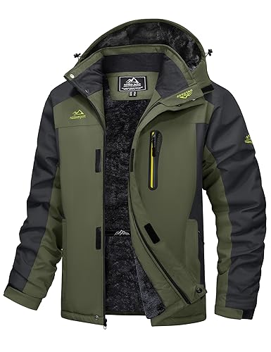MAGCOMSEN Men's Winter Jacket Ski Snow Waterproof Fleece Coats Snowboard Warm Parka Raincoats with Hood 5 Pockets - Medium - Army Green