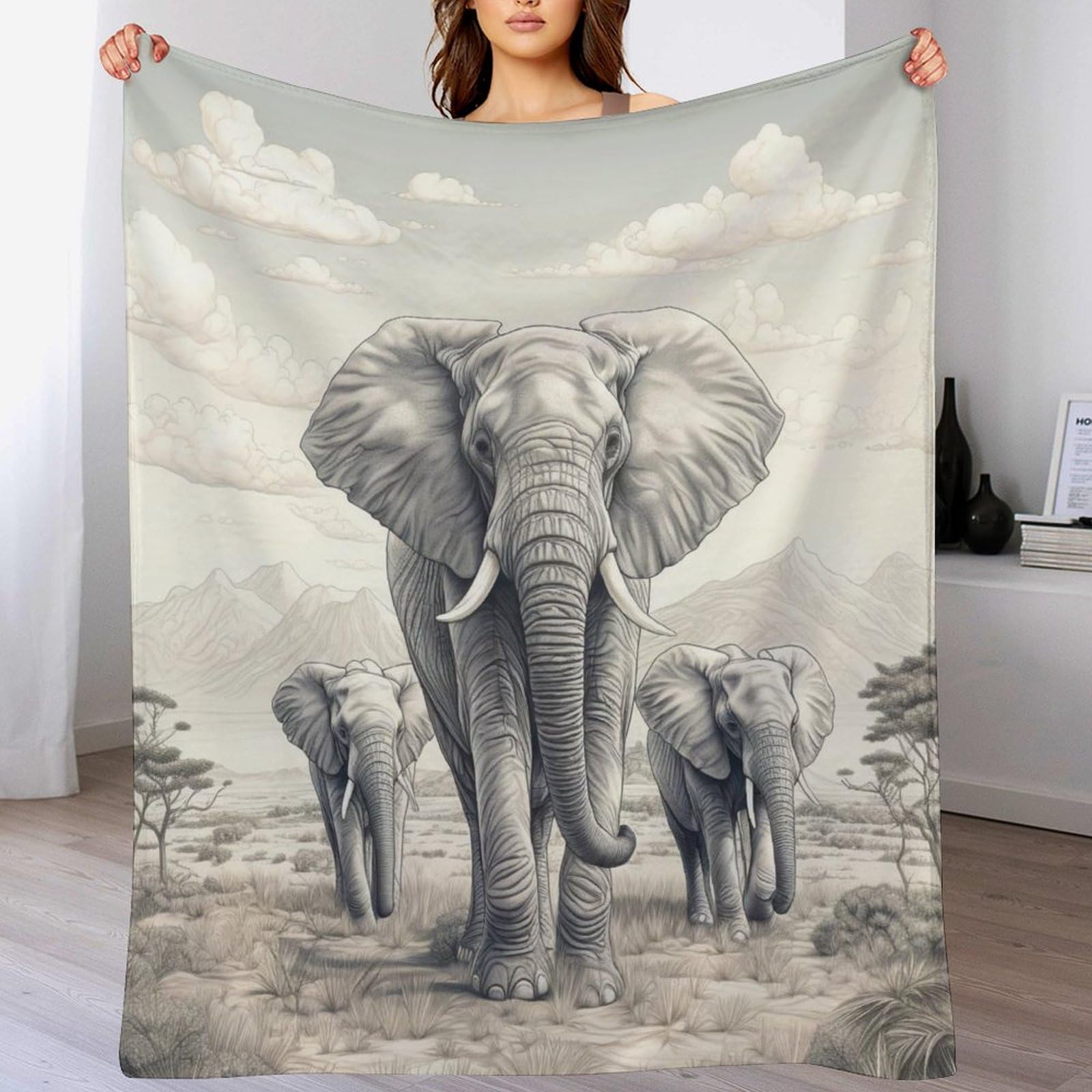 Jeté de canapé imprimé éléphants 150x200cm pour protéger et réchauffer