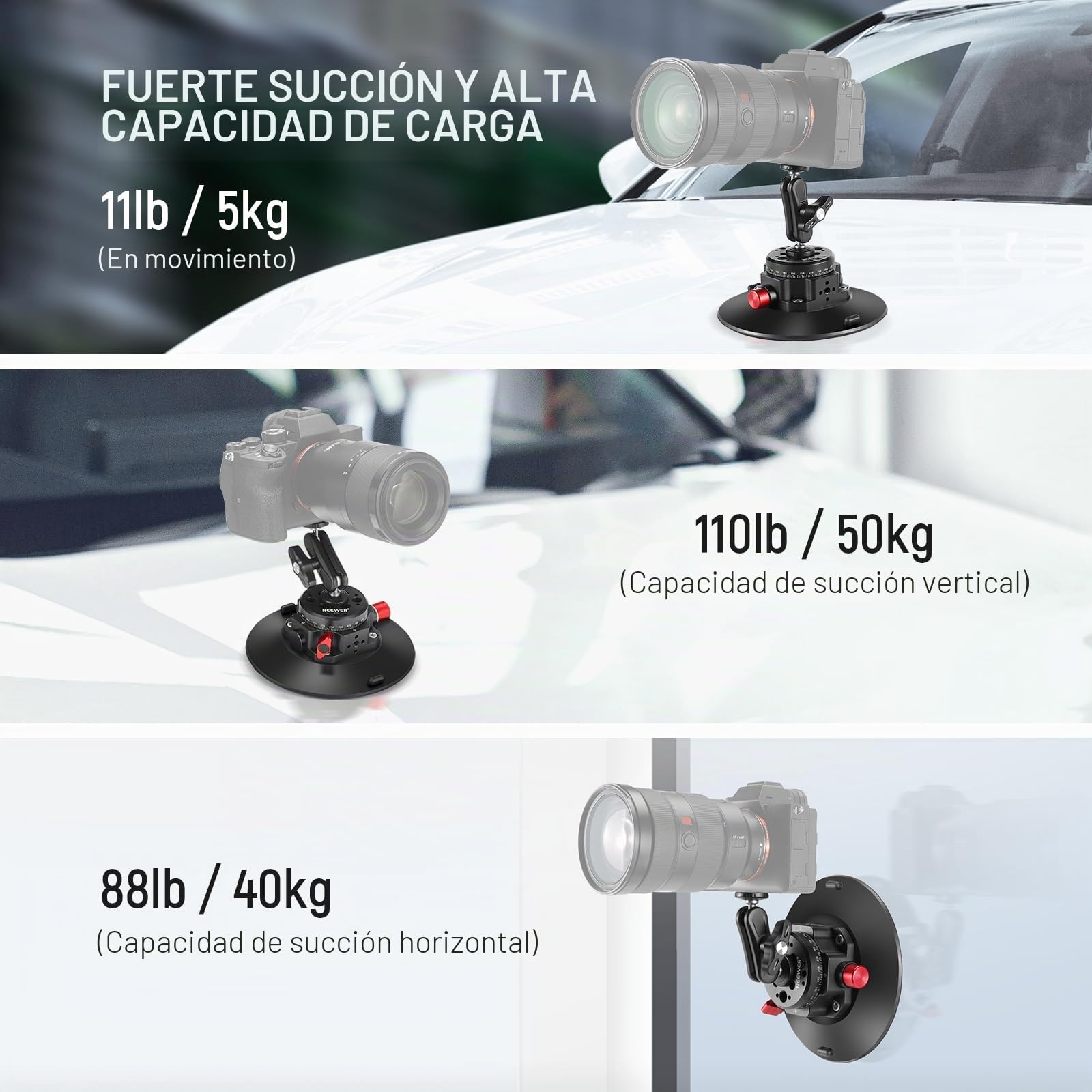 NEEWER Soporte de cámara con ventosa de 6 pulgadas compatible con GoPro, cabeza de bola de metal para parabrisas de coche, brazo mágico con adaptador de cámara de acción, paño de limpieza para soporte