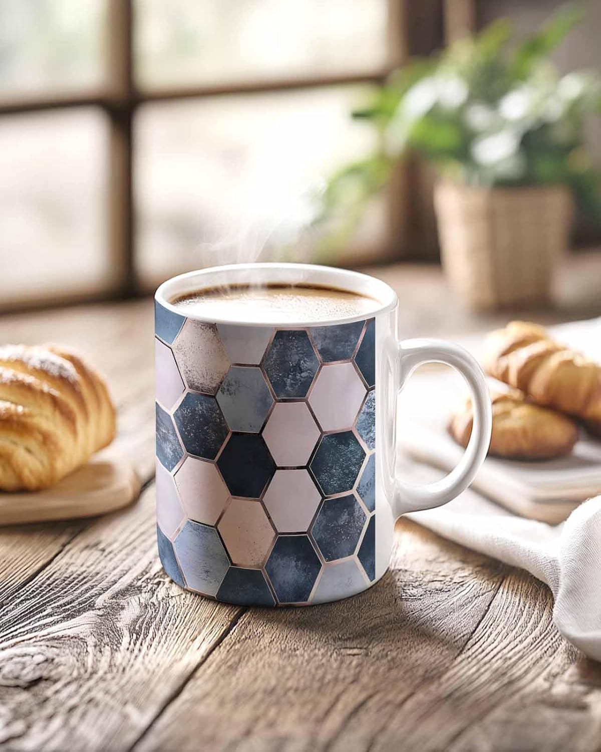 BEMIGO Ceramic Coffee Mug Modern Abstract Texture Ceramic Mug White Cup, Hexagon Plaid Insulated Coffee Cup with Handle with Pattern Perfect for Tea and Hot Beverages, 12oz