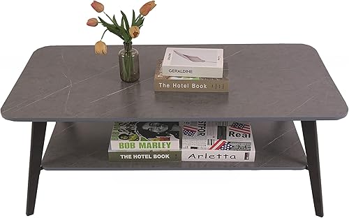 Miniatura 3 de NEOCOZY Mesas de sala de estar, mesa de centro moderna de mármol sintético (madera) de 2 niveles, mesa de centro cuadrada negra de 47 pulgadas para