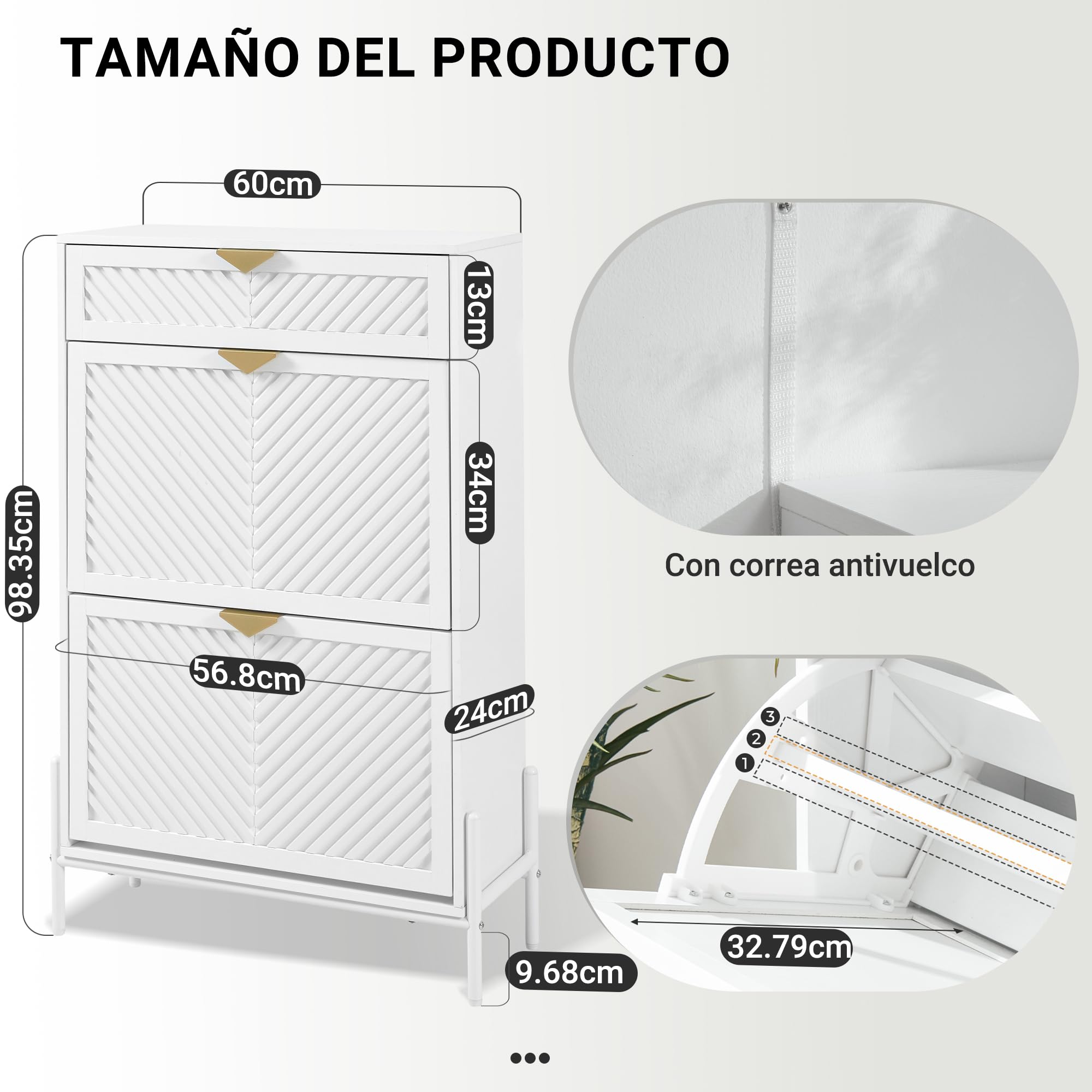 Armario Zapatero Estrecho 2 Cajones Abatibles Recibidor, Blanco | Veta madera inclinada, independiente, compartimentos ajustables, estante central extraíble, tiradores dorados, pasillo, hall