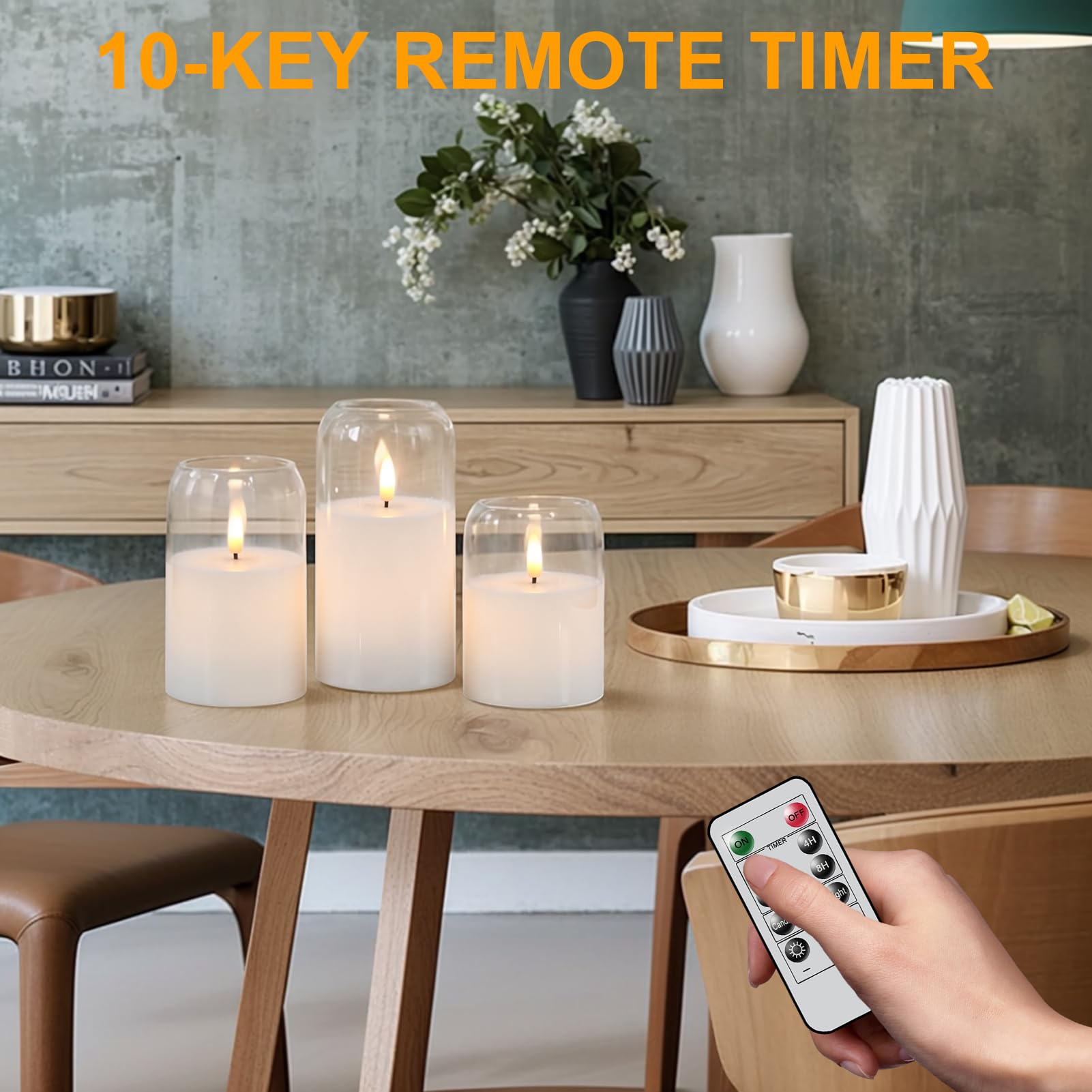 GenSwin Candele in vetro senza fiamma con timer remoto, candele trasparenti a batteria con fiamma tremolante, candela a colonna in vetro e vera cera a LED, per Halloween, Natale, decorazione della