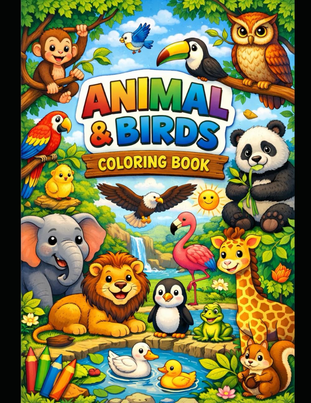 Animals & Birds Coloring Book for Kids: Cute Jungle, Farm, and Wild Animals with Birds – Perfect for Learning, Creativity, and Relaxation