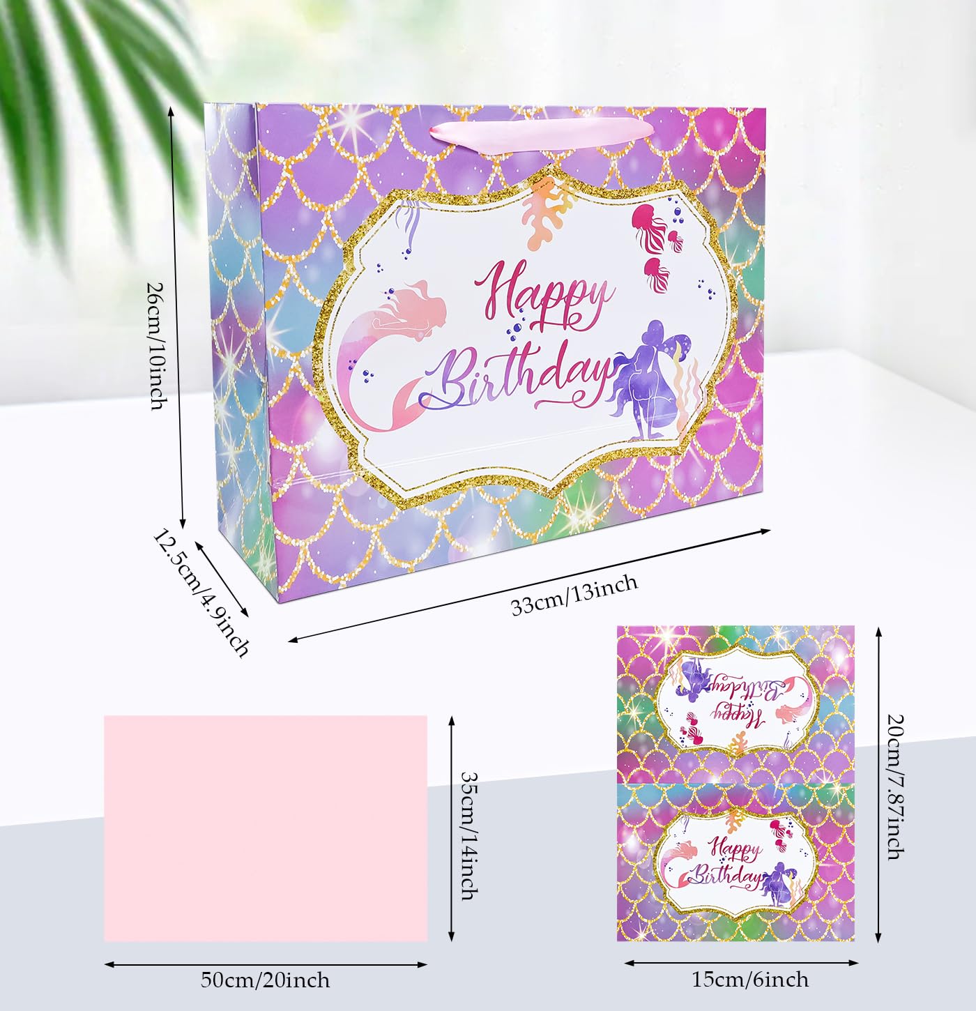MUNILAIL 13 Inches Large Mermaid Birthday Gift Bag for Girls With Handle, Tissue Paper and Greeting Card - Mermaid Theme Party