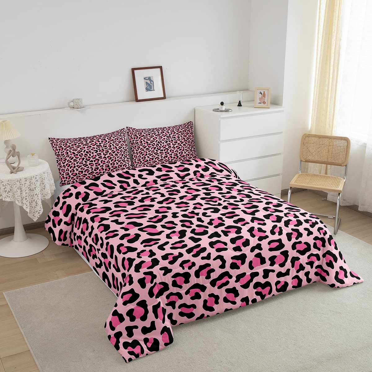 Erosebridal Pink Leopard Comforter Set Full Safari Down Comforter Kids Girls Cheetah Wild Animal Skin Pattern Bedding Set 3 Pieces Geometric Bedspreads Cover Cute Bed for Adul,Hotel Quality Soft