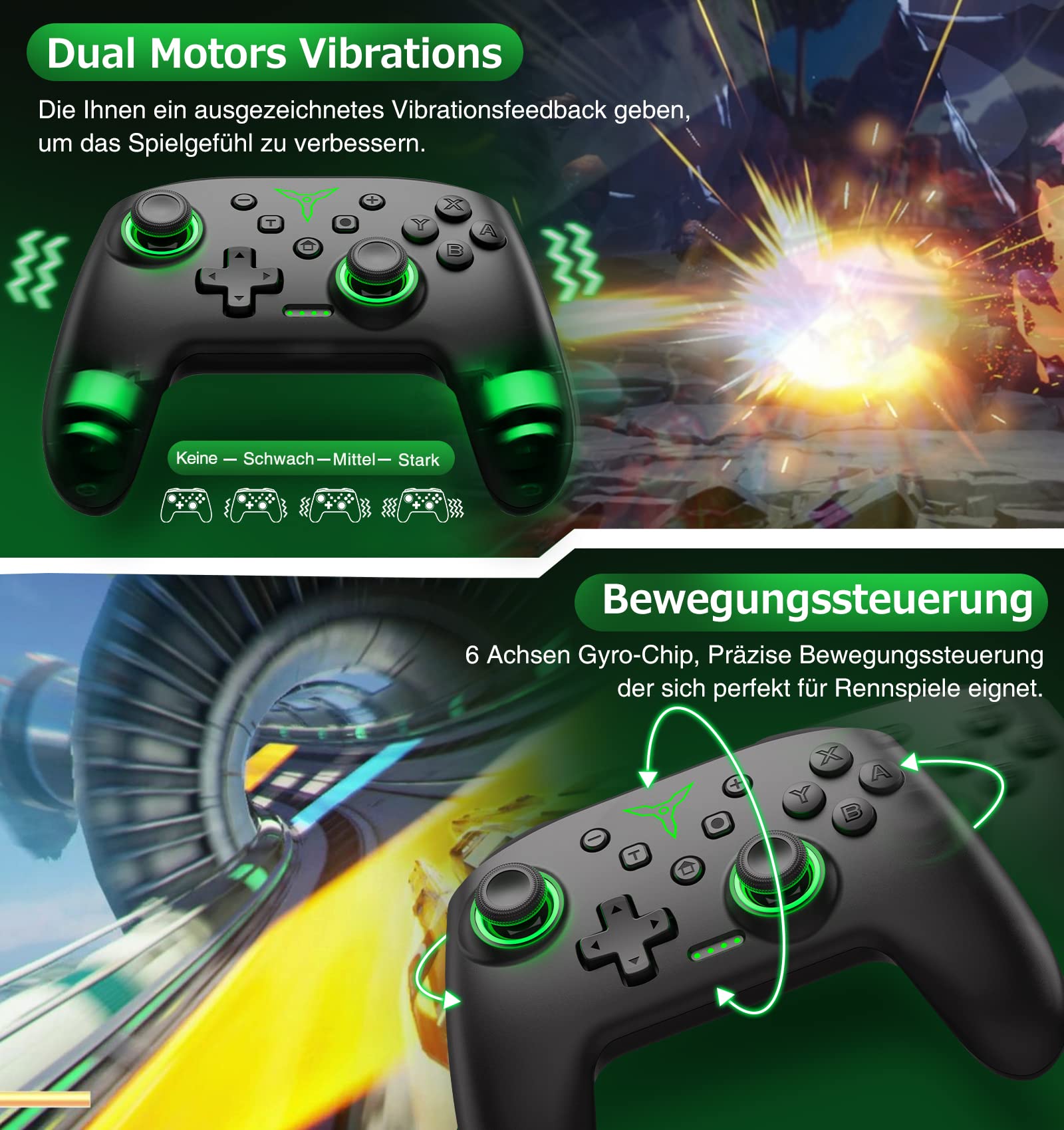 HELLCOOL Switch Controller, Wireless Controller Switch mit Präzise Bewegungssteuerung/Dual Vibration/Turbo/Macro/Aufweckenfunktion, Cooles LED Licht Switch Controller für Switch/Lite/OLED