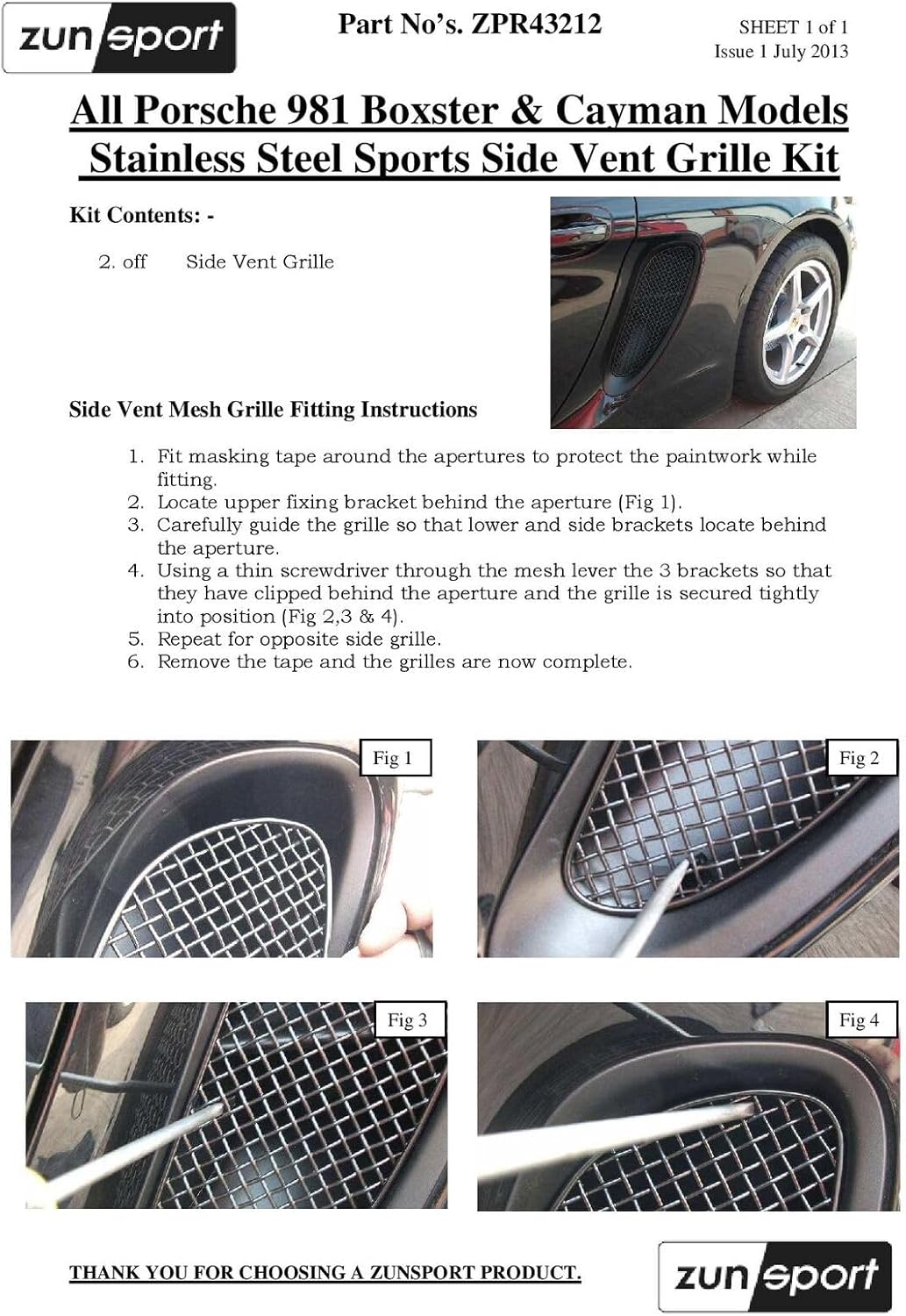 Zunsport Compatible With Porsche Cayman/Boxster 981 (All) - Side Vents Grill Set - Silver finish (2012 to 2016)