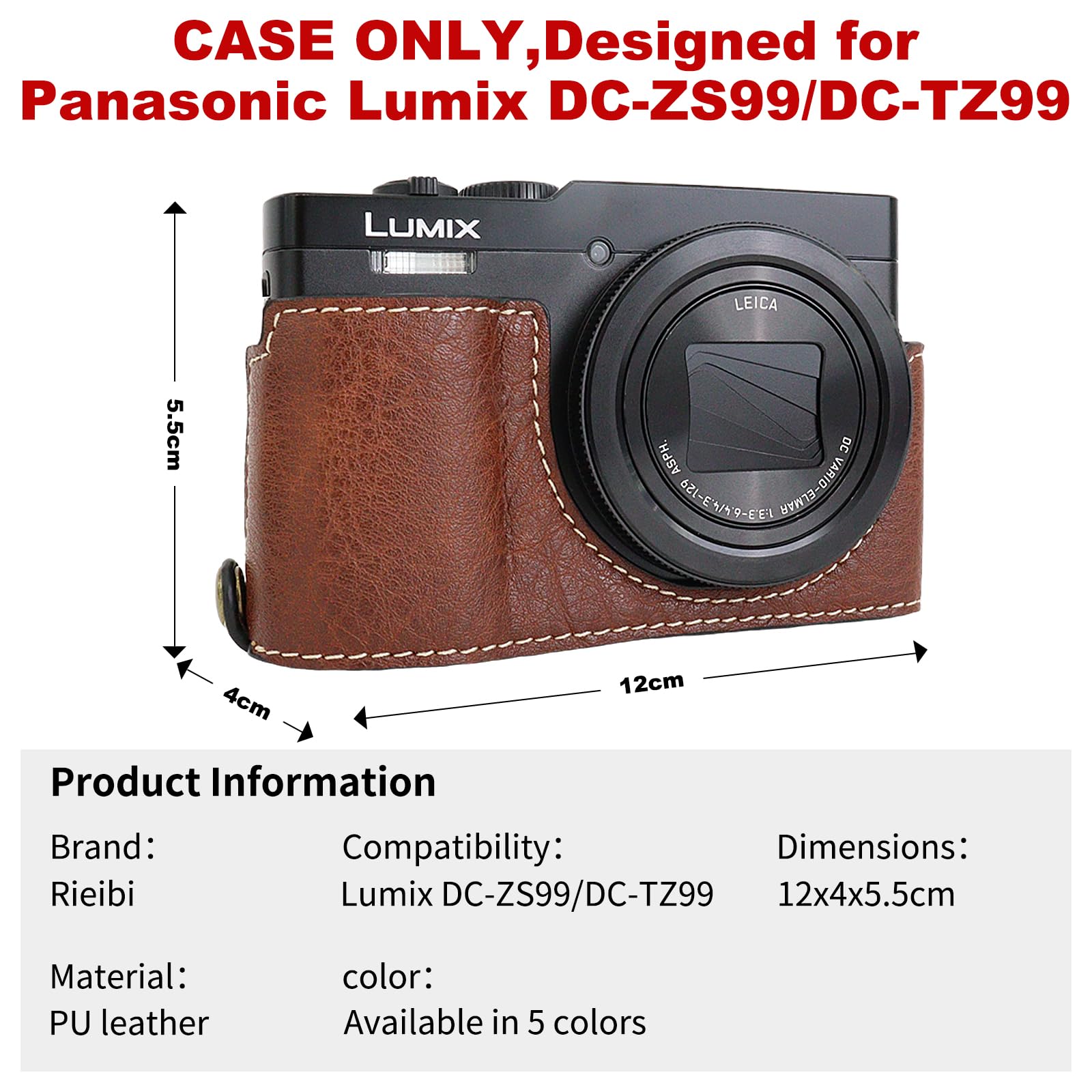 Rieibi TZ99 Custodia per fotocamera, custodia in pelle PU per fotocamera digitale Panasonic Lumix DC-TZ99, custodia protettiva staccabile con tracolla regolabile, custodia di bellezza