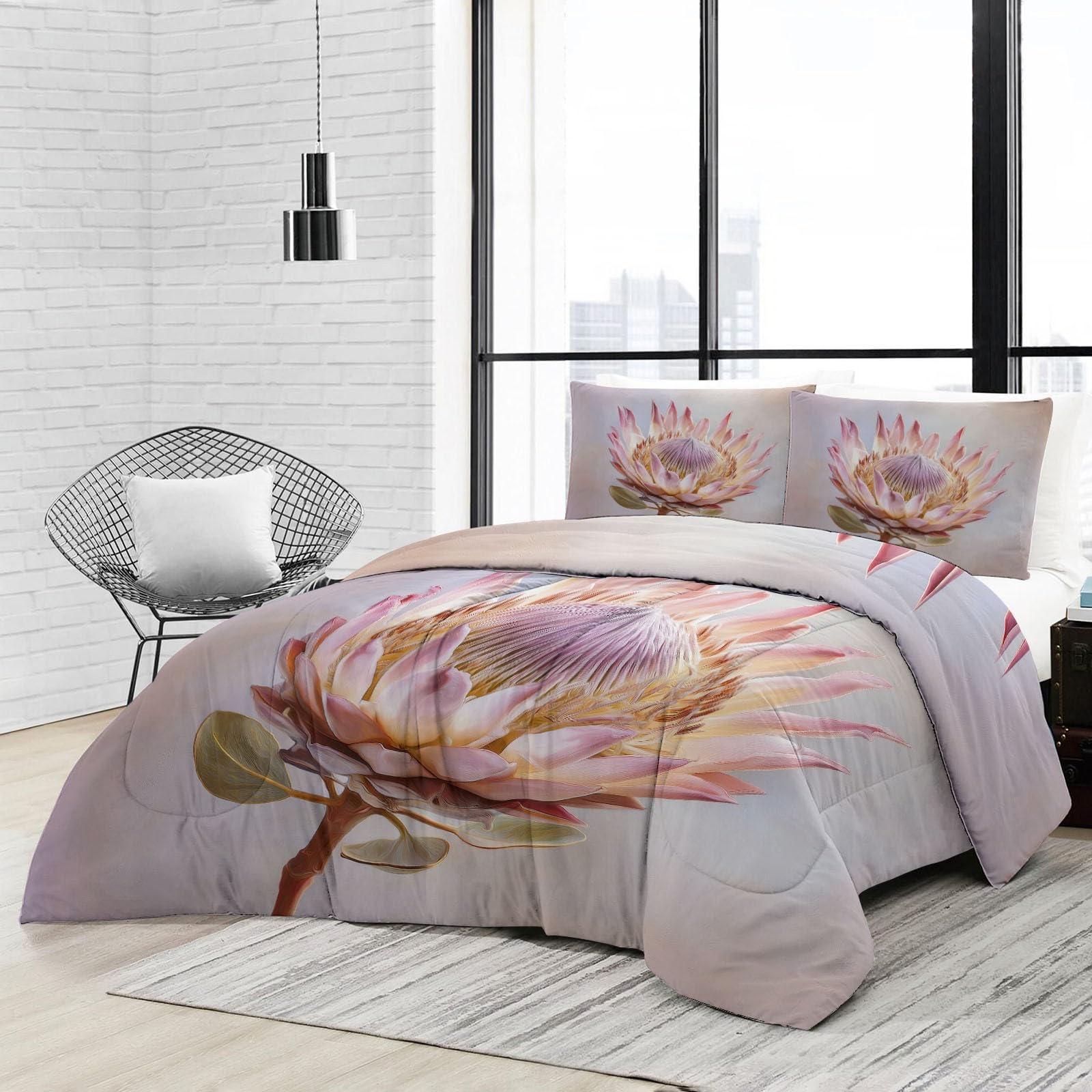 Générique Trapunta stampata 140 x 200 cm Pianta Fiori di Protea Reversibile Trapunta Acquarello Onirique 4 Stagioni - Grigio Trapunte trapuntate, Edredon Trapunte senza Houss e 2 federe 65 x 65 cm