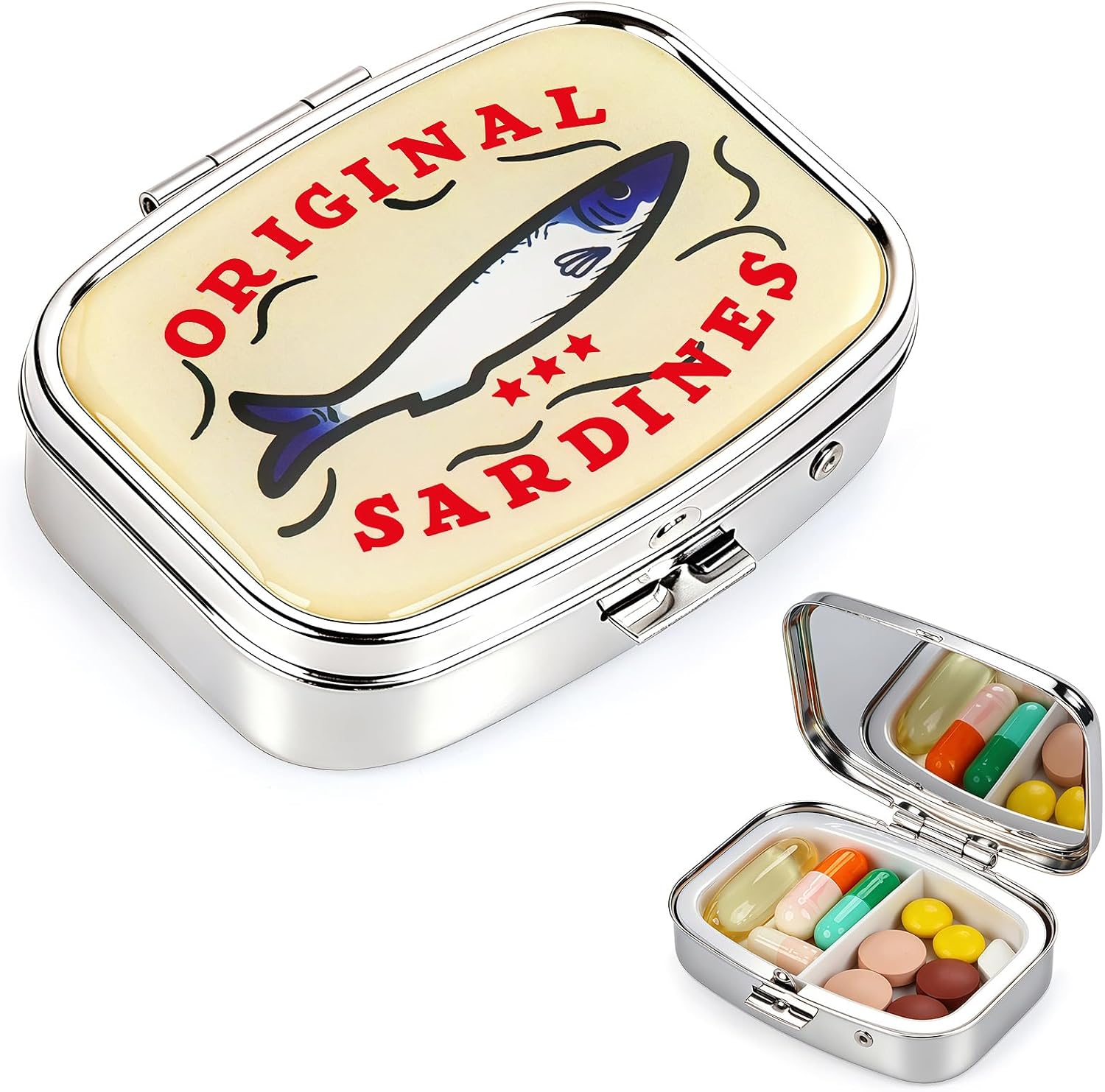Retro Sardines Small Pill Organizer 2 Times a Day for Women Men, Metal AM PM Daily Pill Box with Mirror for Medicine Vitamin Supplement, Privacy Protection Office Travel Pill Case for Purse - Beige