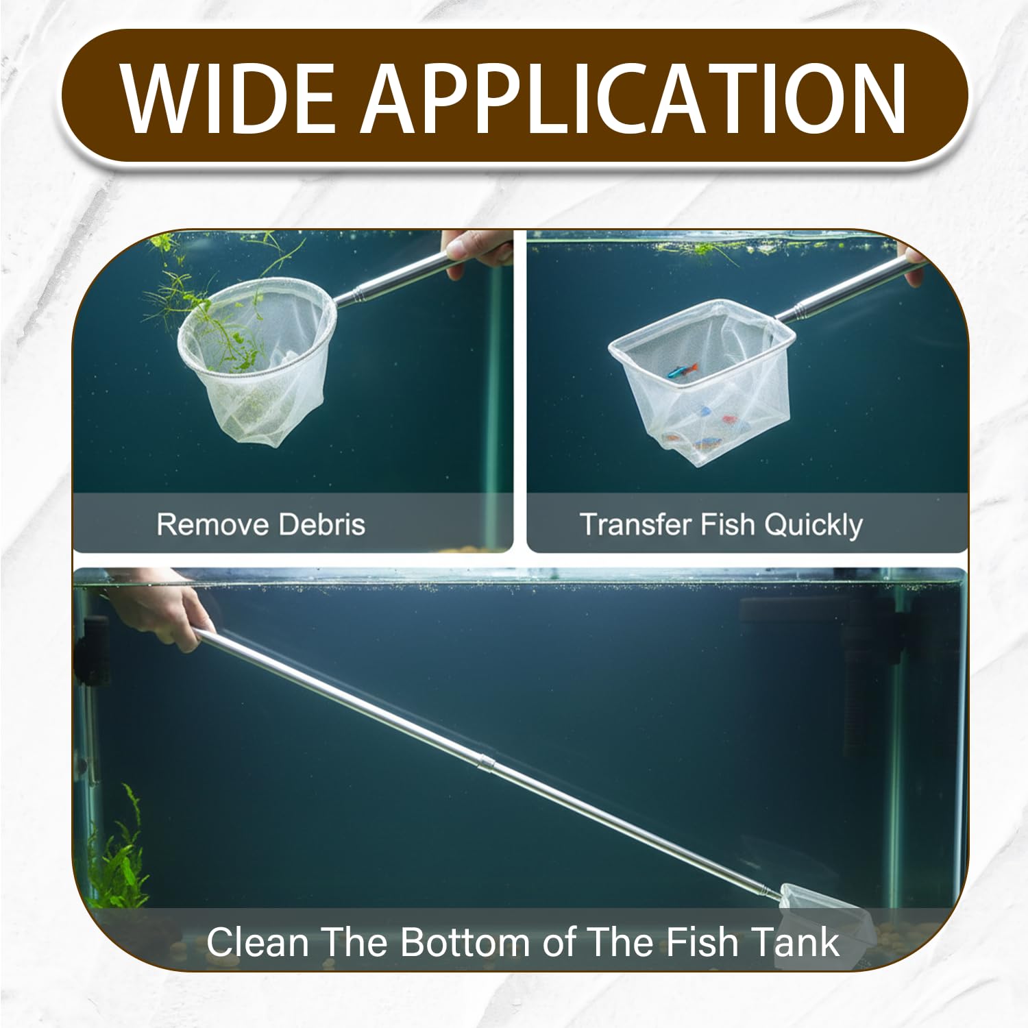 2 Stück Aquarium Kescher Set, Feinmaschiges Fischnetz mit Ausziehbarem Edelstahlgriff, Weißes Quadratisches & Rundes Netz für Garnelen & Kleine Fische, Sicheres Aquarium Zubehör zur Reinigung