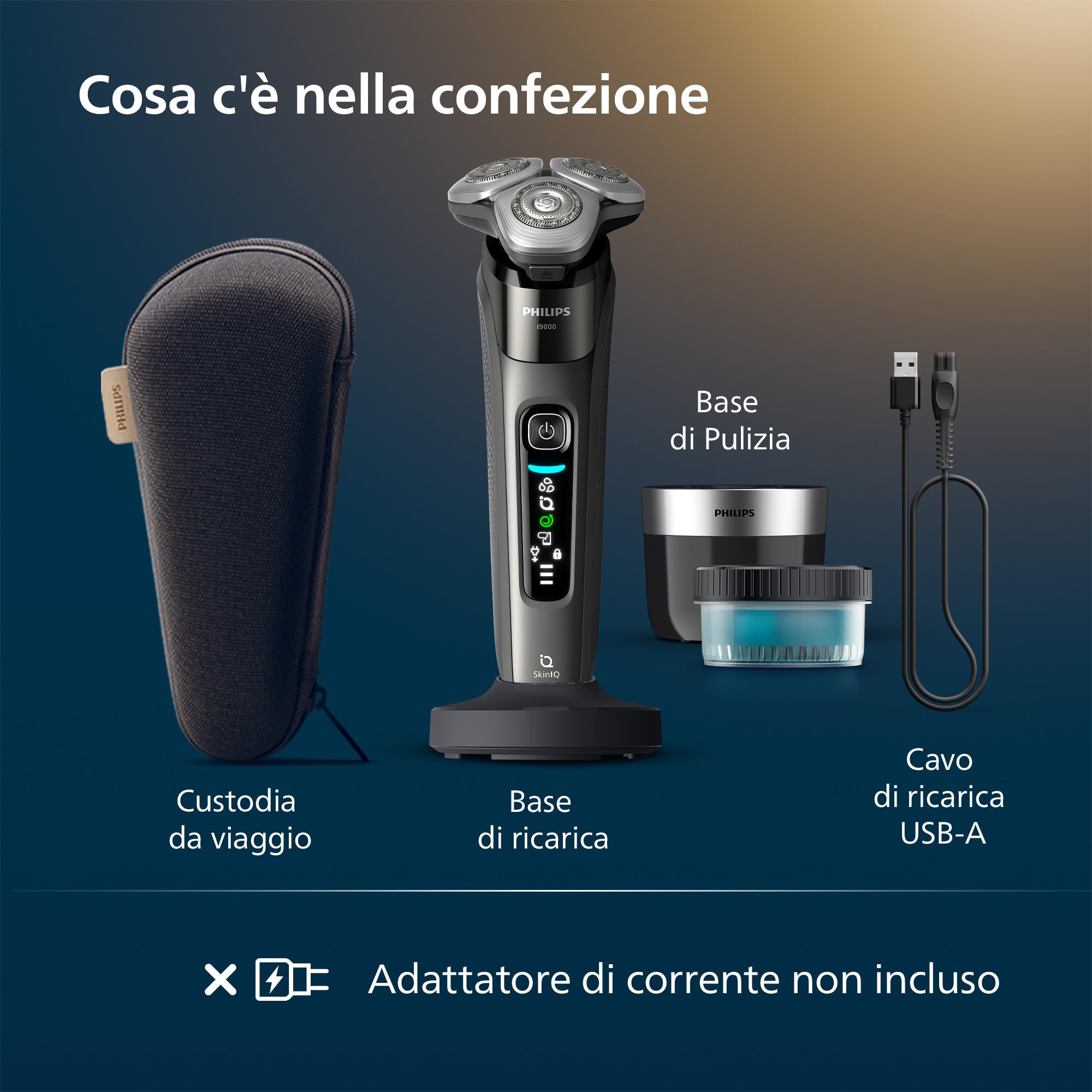 Philips Shaver i9000, rasoio elettrico Wet & Dry, con tecnologia Skin IQ, triplo sistema di sollevamento e taglio, doppie lame di precisione SteelPrecision rotanti a 360°, modello X9002/30