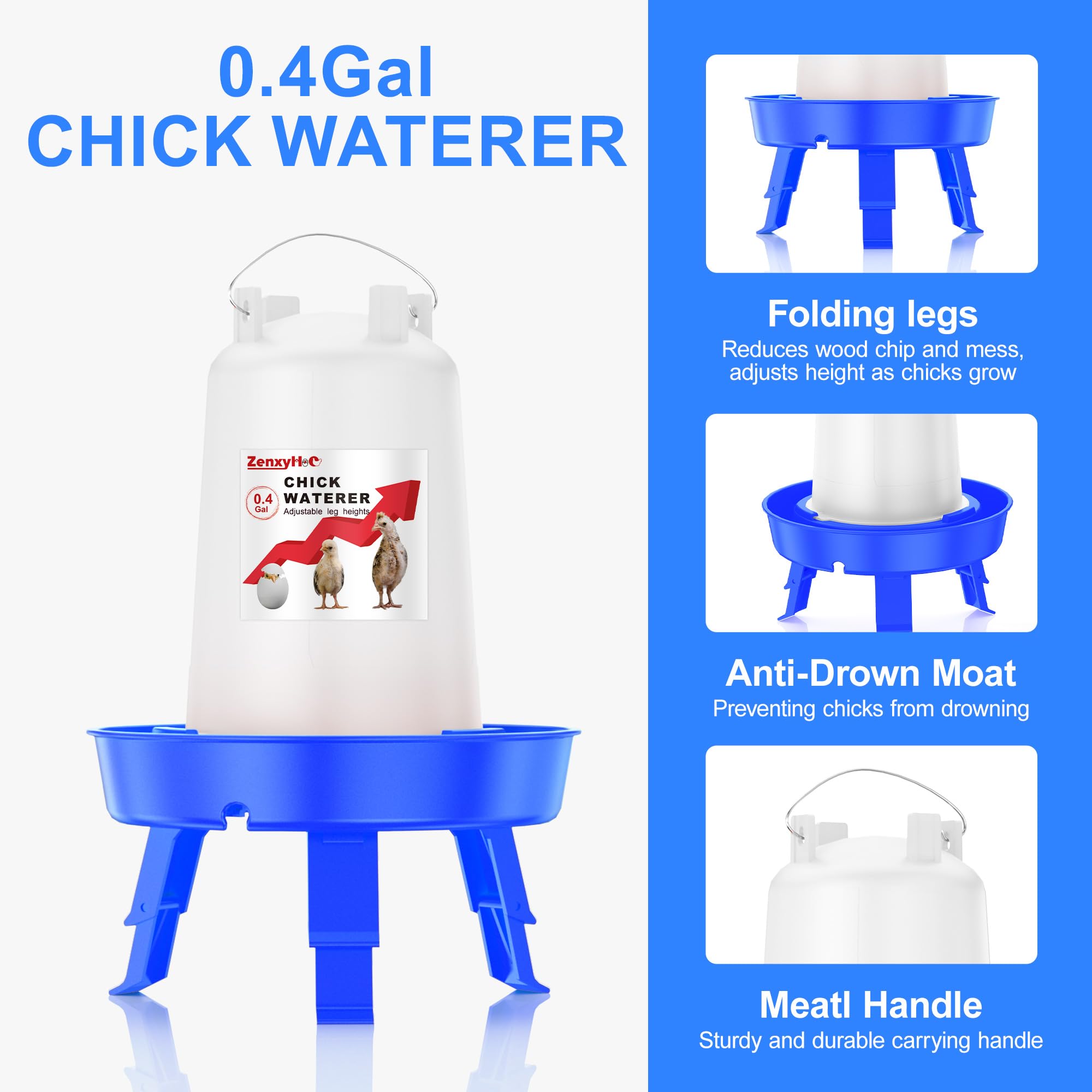 ZenxyHoC Set di cibo e abbeveratoio per pulcini, con mangiatoia da 1,5 l e abbeveratoio da 1,5 l per riempire la parte superiore, con pala e 3 gambe regolabili in altezza, blu