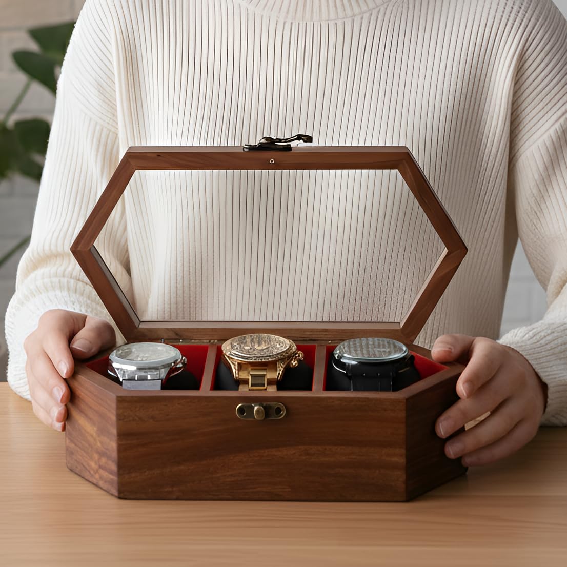 Caja expositora de madera para reloj, construcción de palisandro y arce, tapa de cristal con cerradura vintage, estuche de almacenamiento de joyas, hecho a mano de arce y