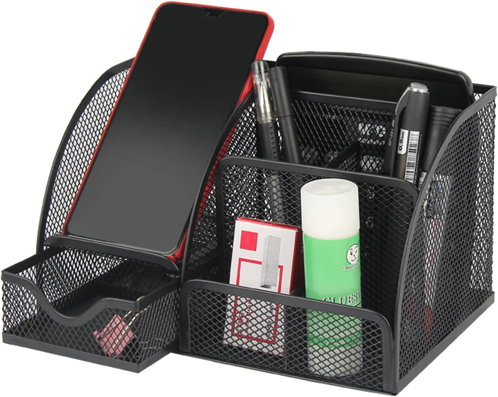 AUXHCYL Office Desk Organizers Multi-Functional Black Mesh Metal Desktop Accessories Office Supplies with 6 Compartments and 1 Storage Drawer for Home Office School Workshop