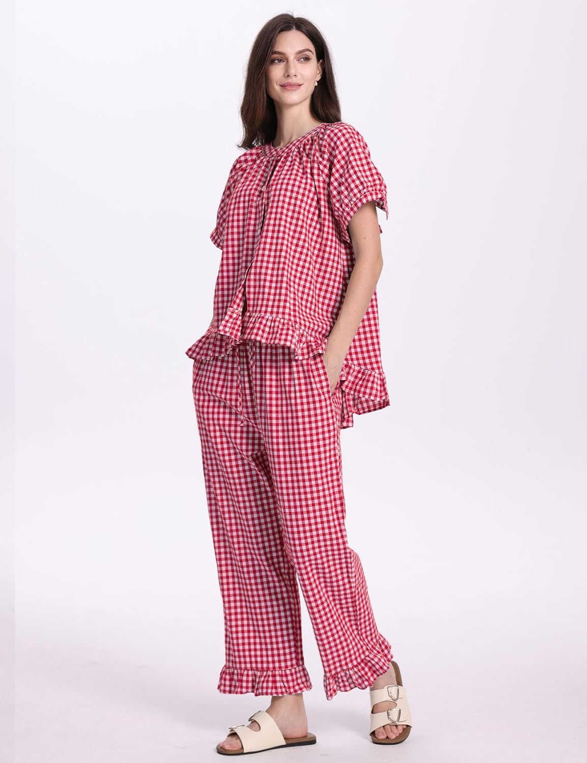 PEHMEA Womens Plaid 2 Piece Cotton Gingham Pajama Sets Short Sleeve Babydoll Shirt Ruffle Pants Y2K Lounge PJS Cute Sleepwear - Image 3