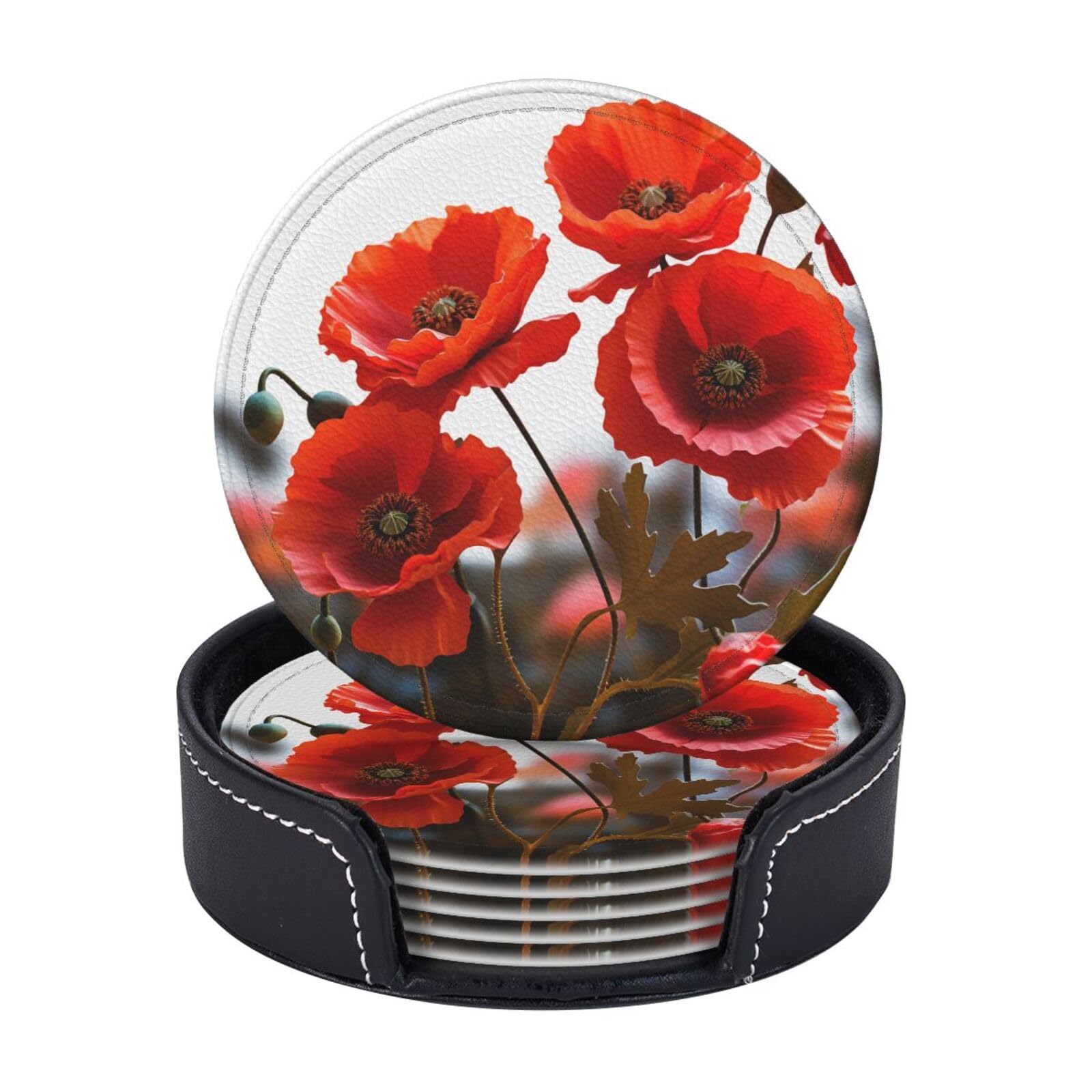 Round Coasters for Drinks Set of 6 - PU Leather Coasters with Holder - Modern Drink Coasters for Coffee Table - Poppy Flowers Vivid Petals Coaster for Tabletop Protection 4" Cup Mat Pad