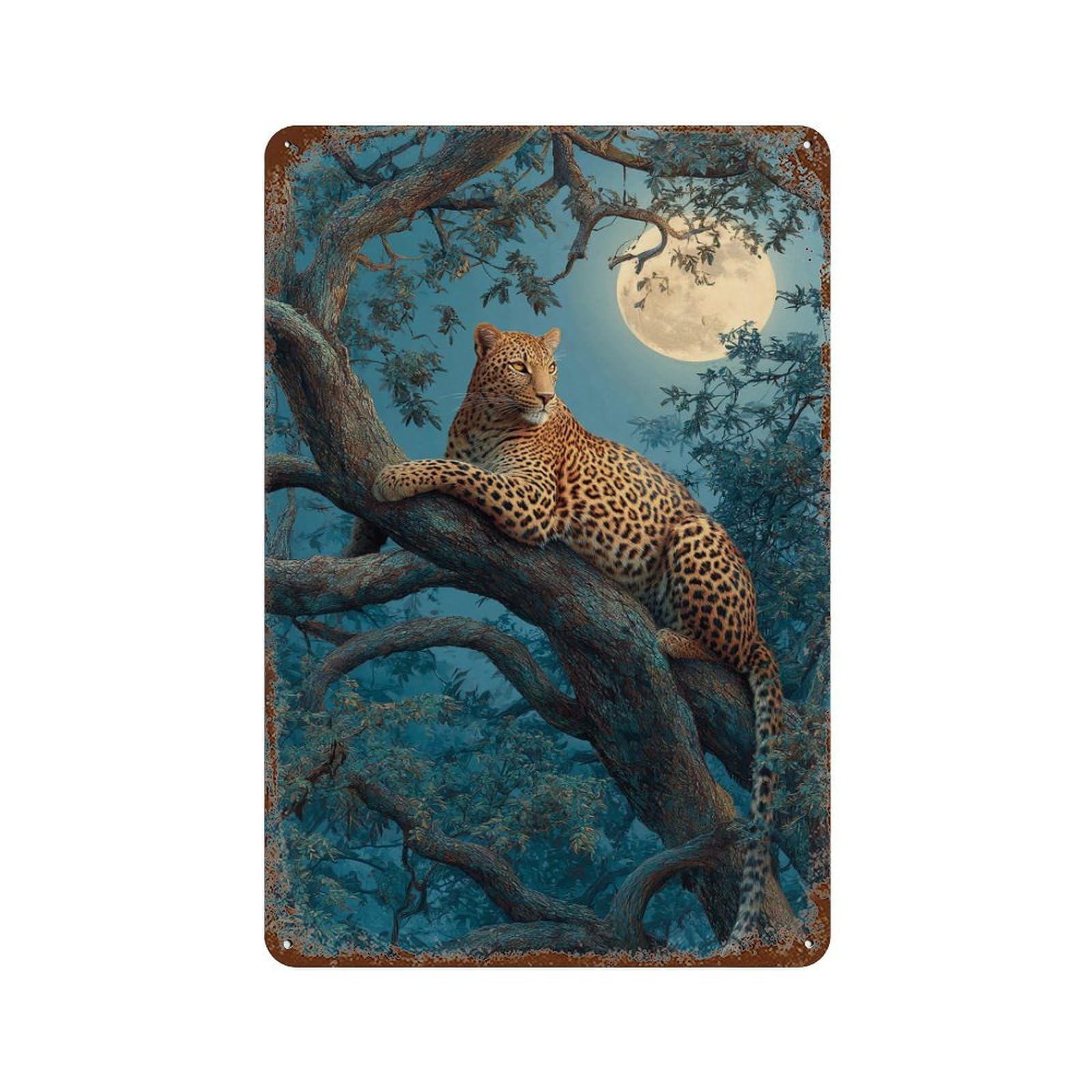 Rust Effect Leopard Moonlit Tree Rest -1 Aged Metal Wall Plaque 11.8"x7.9", Shabby Chic Decor for Living Room, Hallway And Home Decor