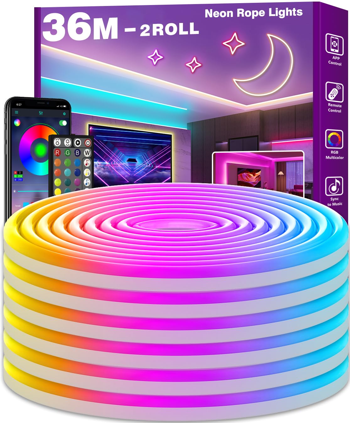 AILBTON 36m Led Neon Rope Lights, Steuerung mit App/Fernbedienung, Flexible Led Rope Lights, Mehrere Modi
