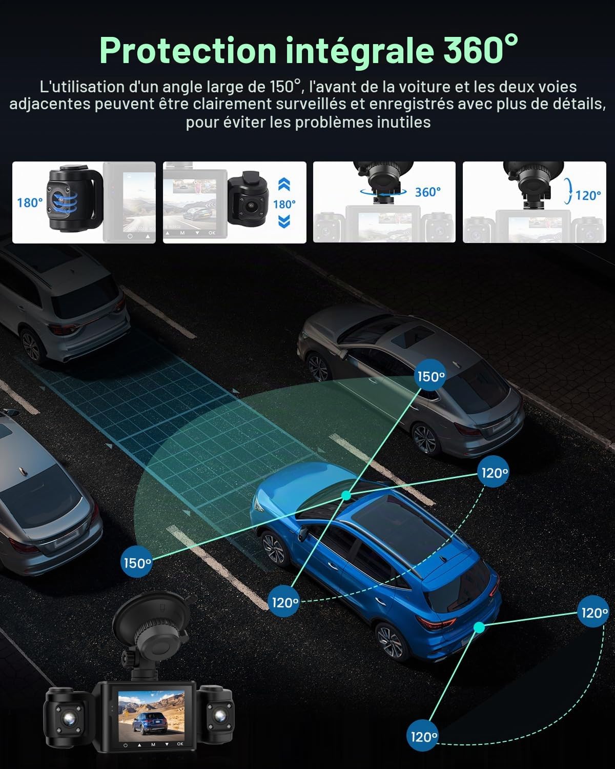 Caméra embarquée Avant et latérale NHOPEEW 1080P avec détection de Mouvement et Enregistrement en Boucle - Caméra embarquée HD 3 canaux avec Angle Large à 360° Installation Facile + Carte TF 64 Go